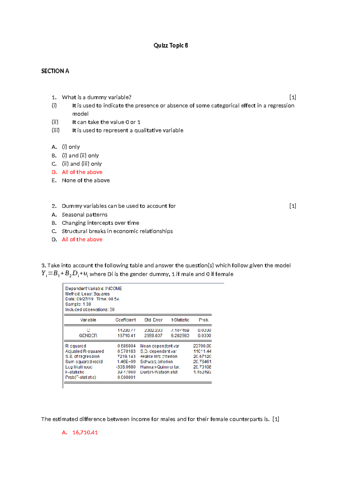 Quiz Topic 8: Dummy Variables and Regression Analysis Memo - Studocu