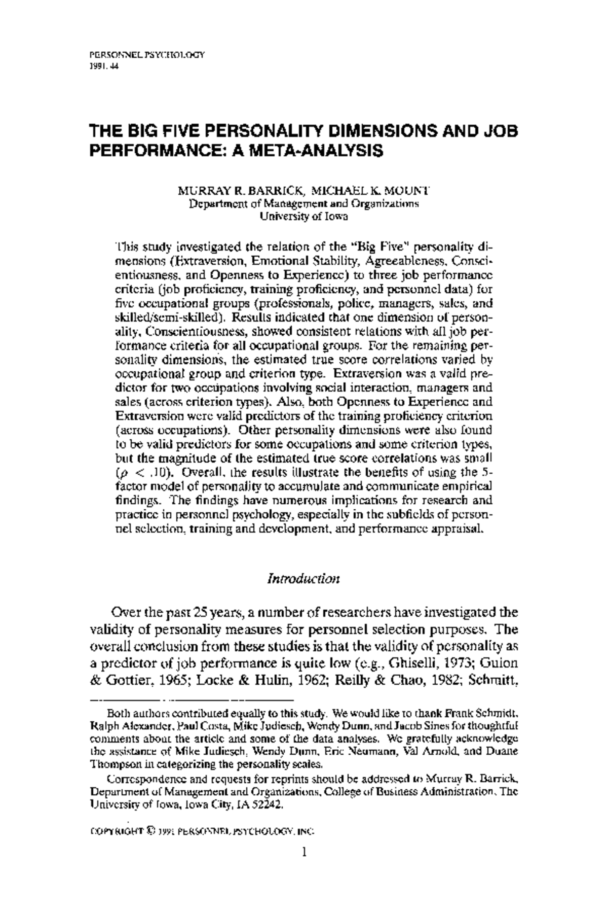 The Big Five Personality Dimensions and Job Performance: A Meta ...