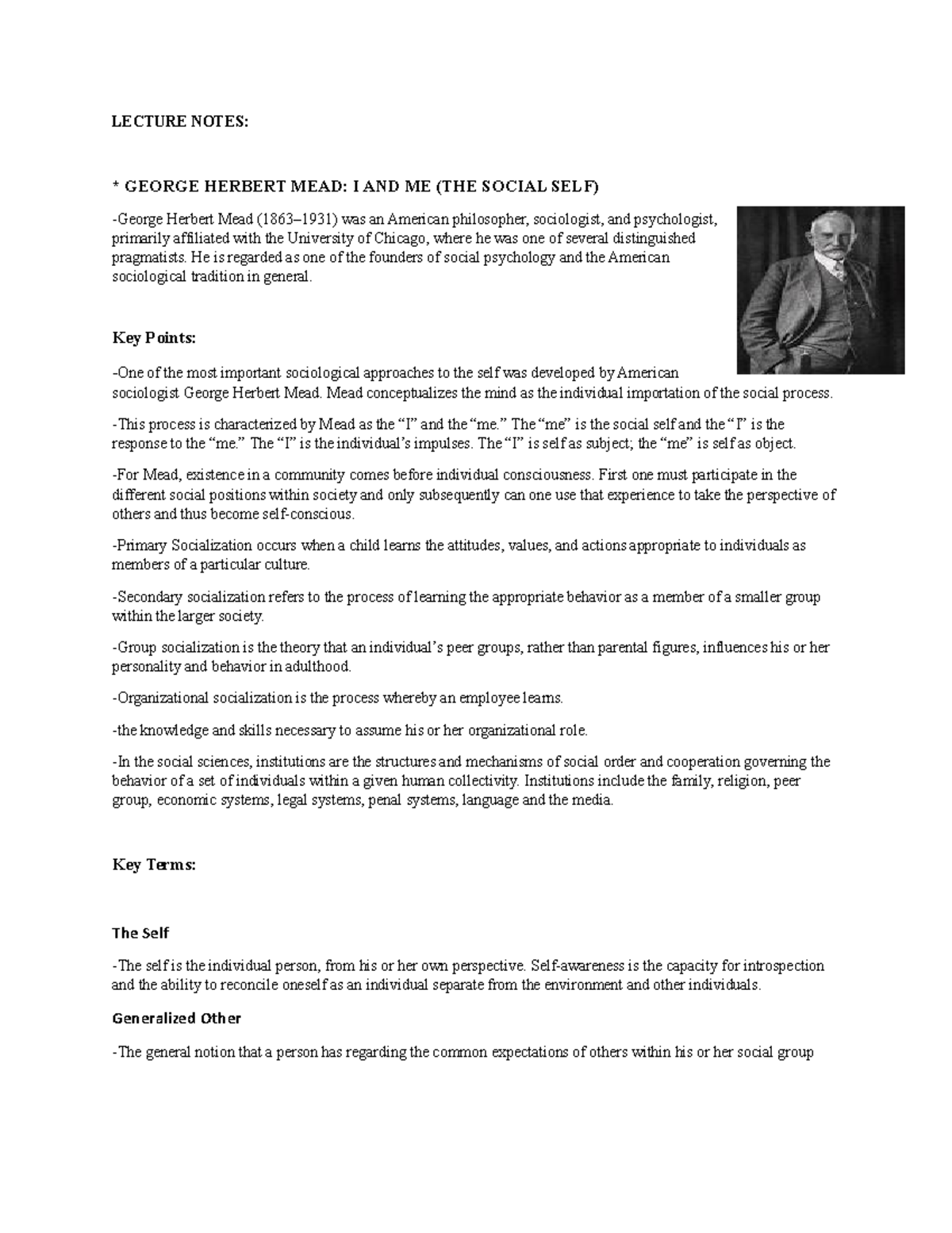 Lecture Notes: George Herbert Mead - I and Me (The Social Self) - Studocu