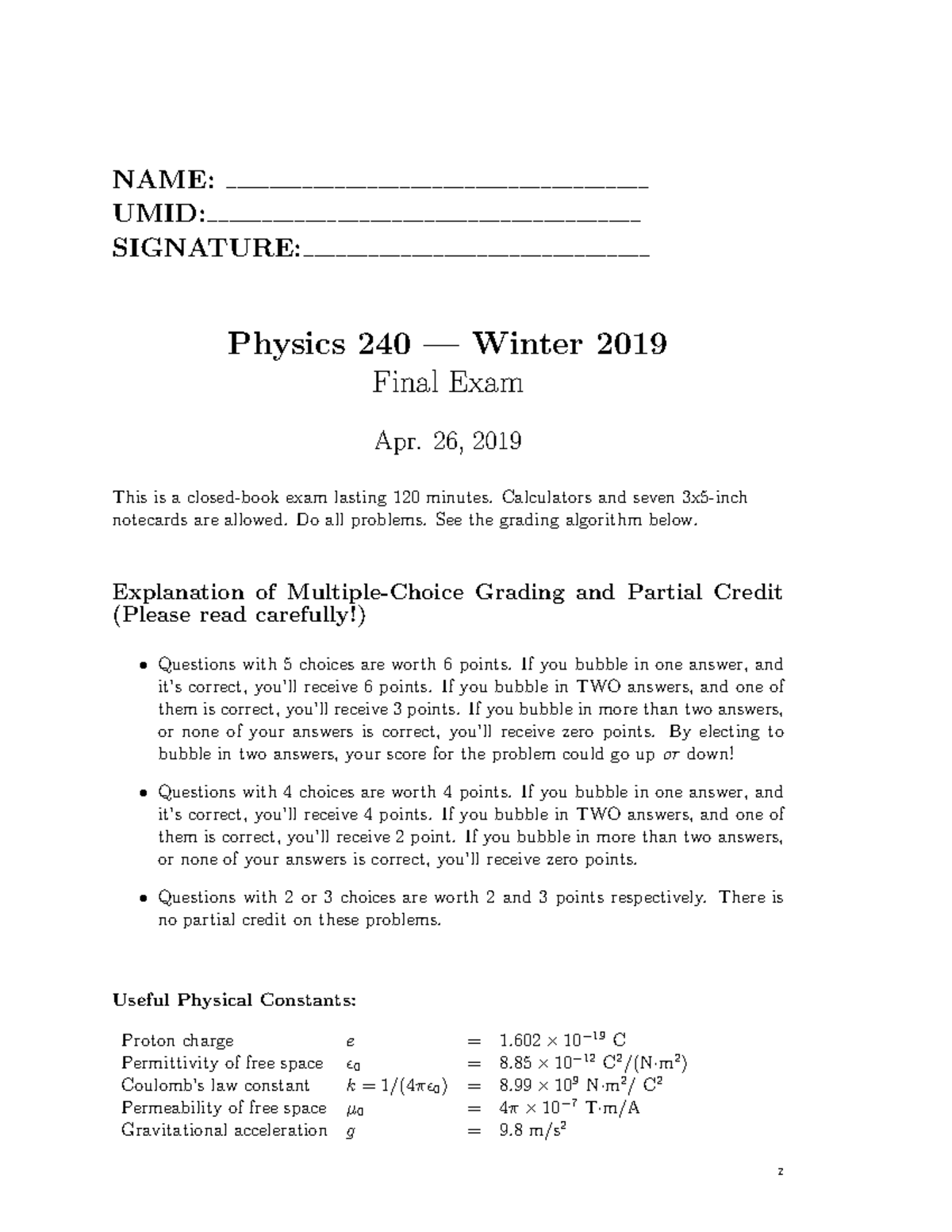 Physics 240: Final Exam Review - Winter 2019 Solutions - Studocu