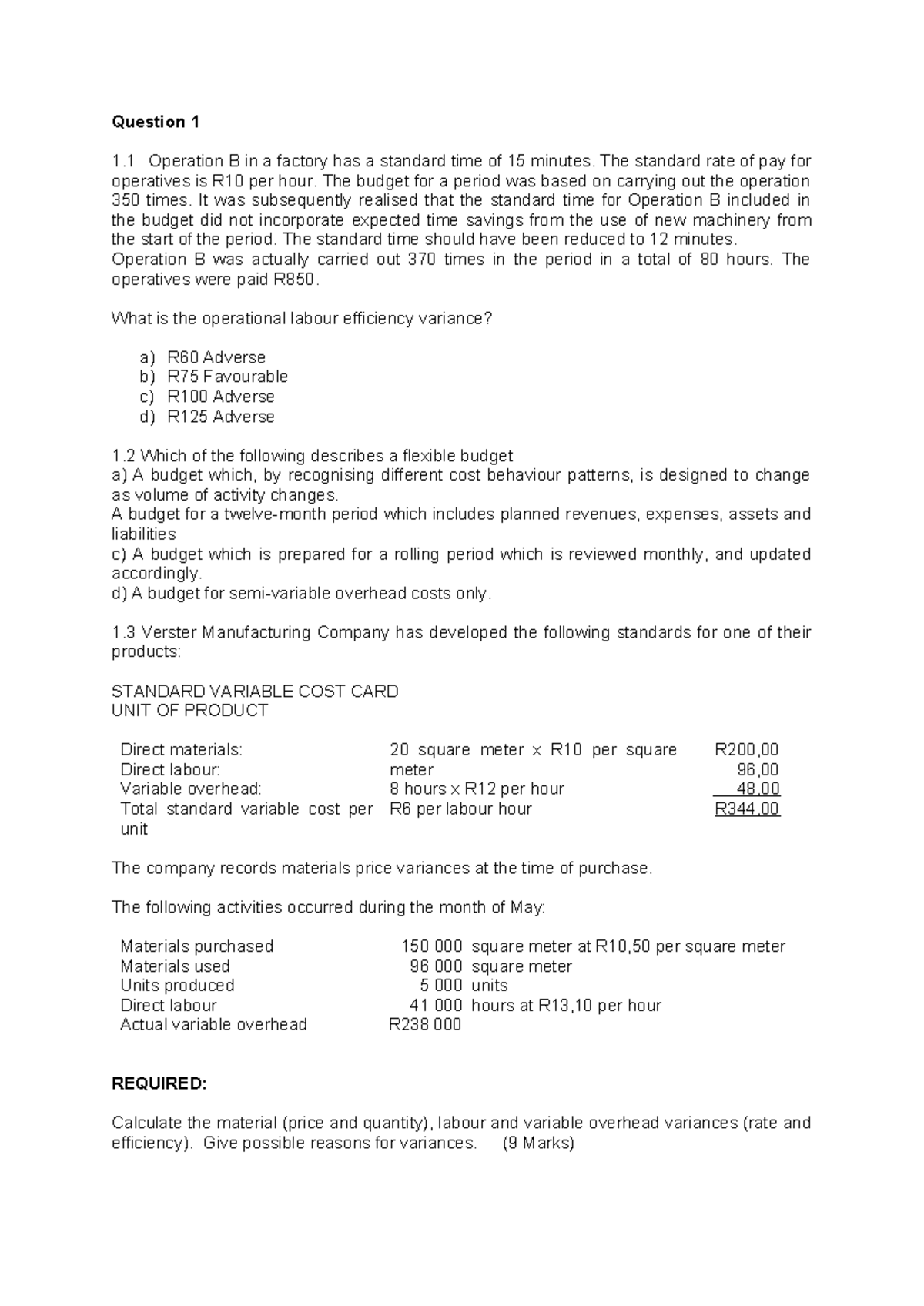 Question Bank - Test 2: Operational and Variance Analysis - Studocu