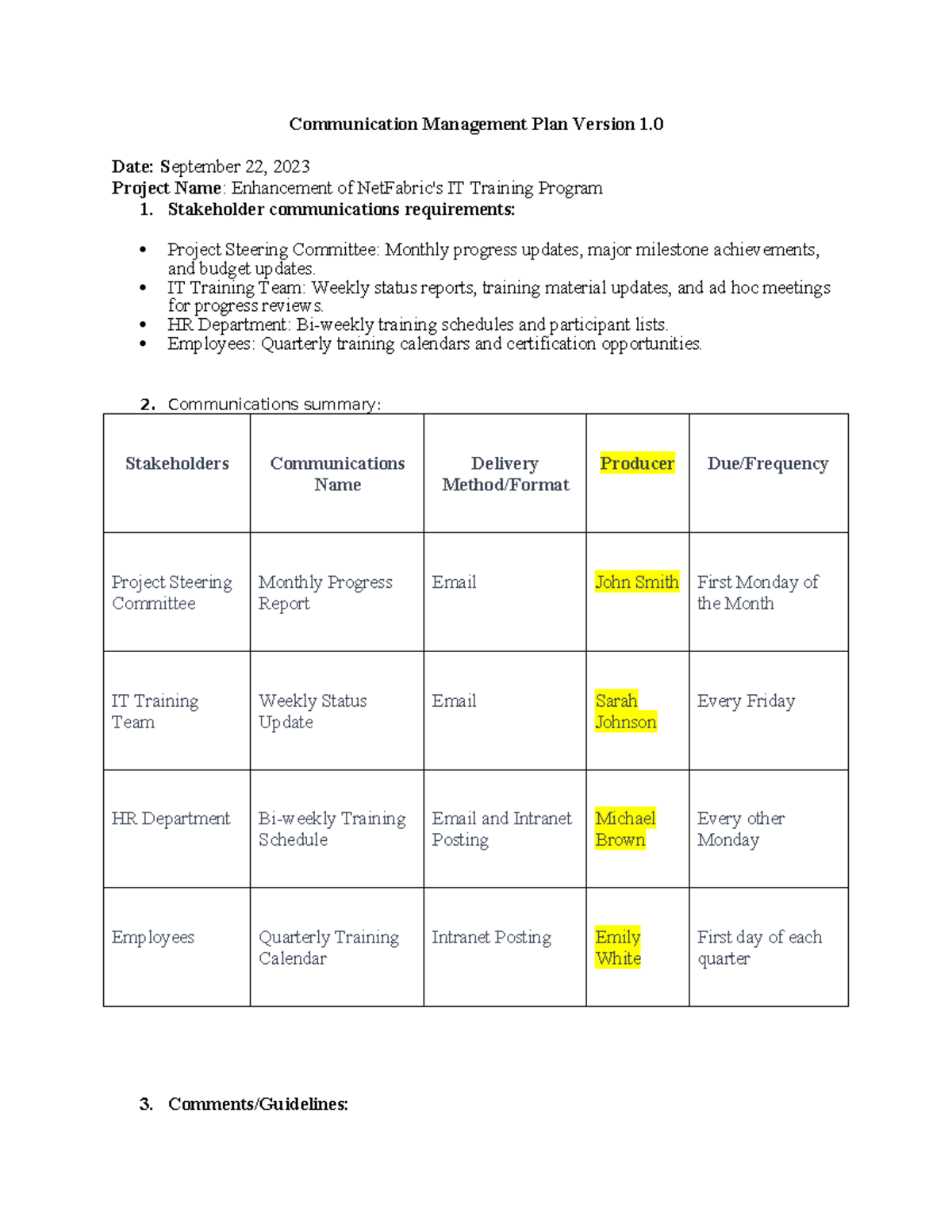Communication Management Plan V1.0 for IT Training Program - Studocu