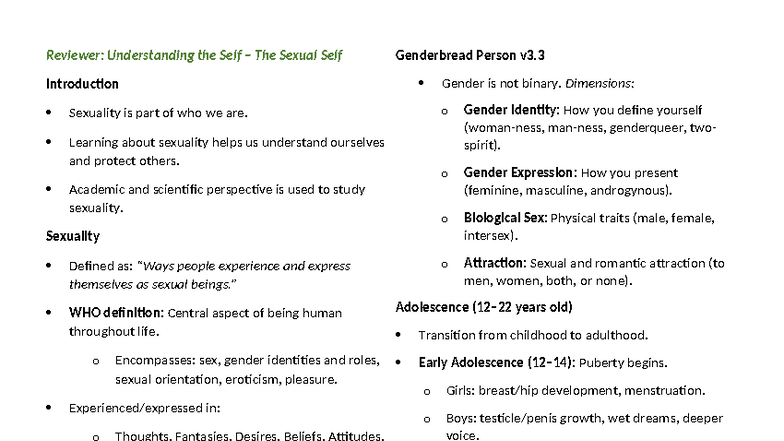 Reviewer: Understanding the Self - The Sexual Self (Finals) - Studocu