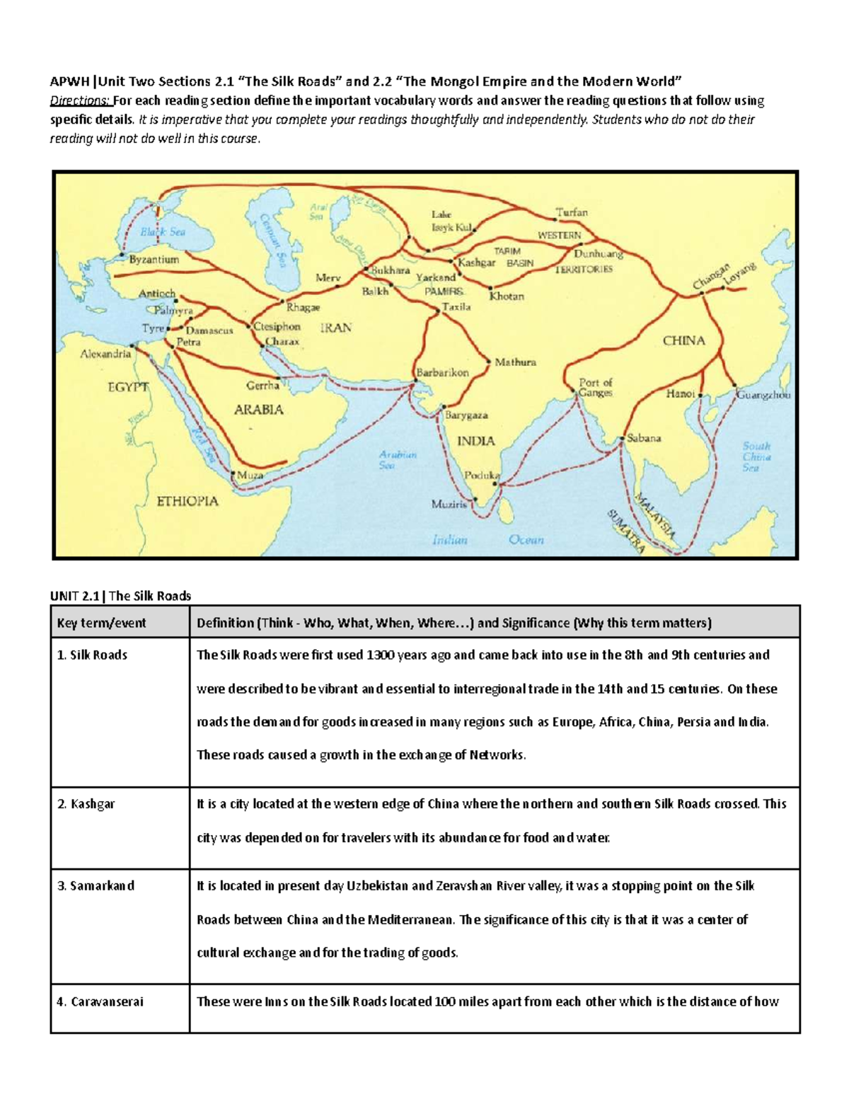 APWH Unit 2.1-2.2 Reading Guide: The Silk Roads & Mongol Empire ...