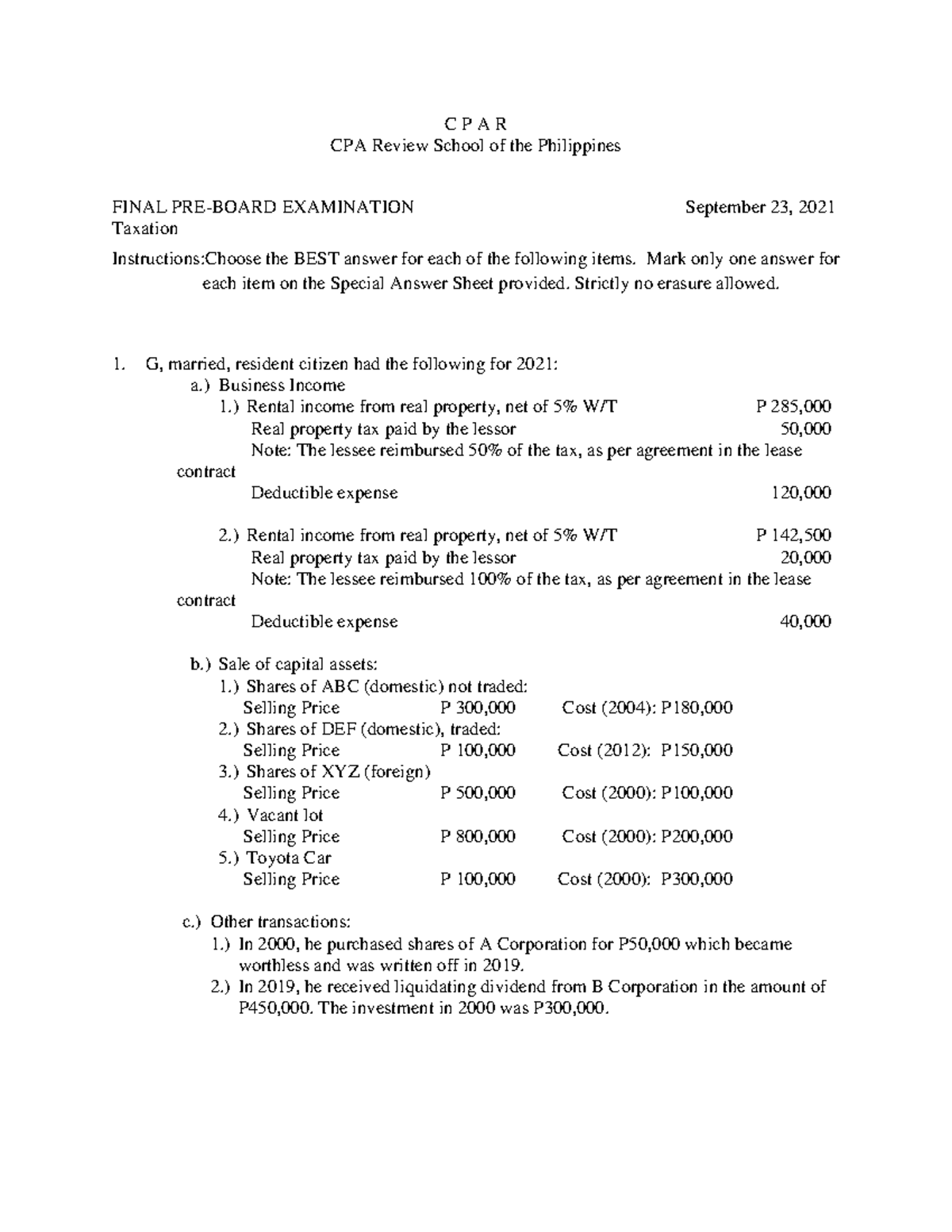 Taxation CPAR CPA Review School of the Philippines FINAL EXAM PREBOARD ...