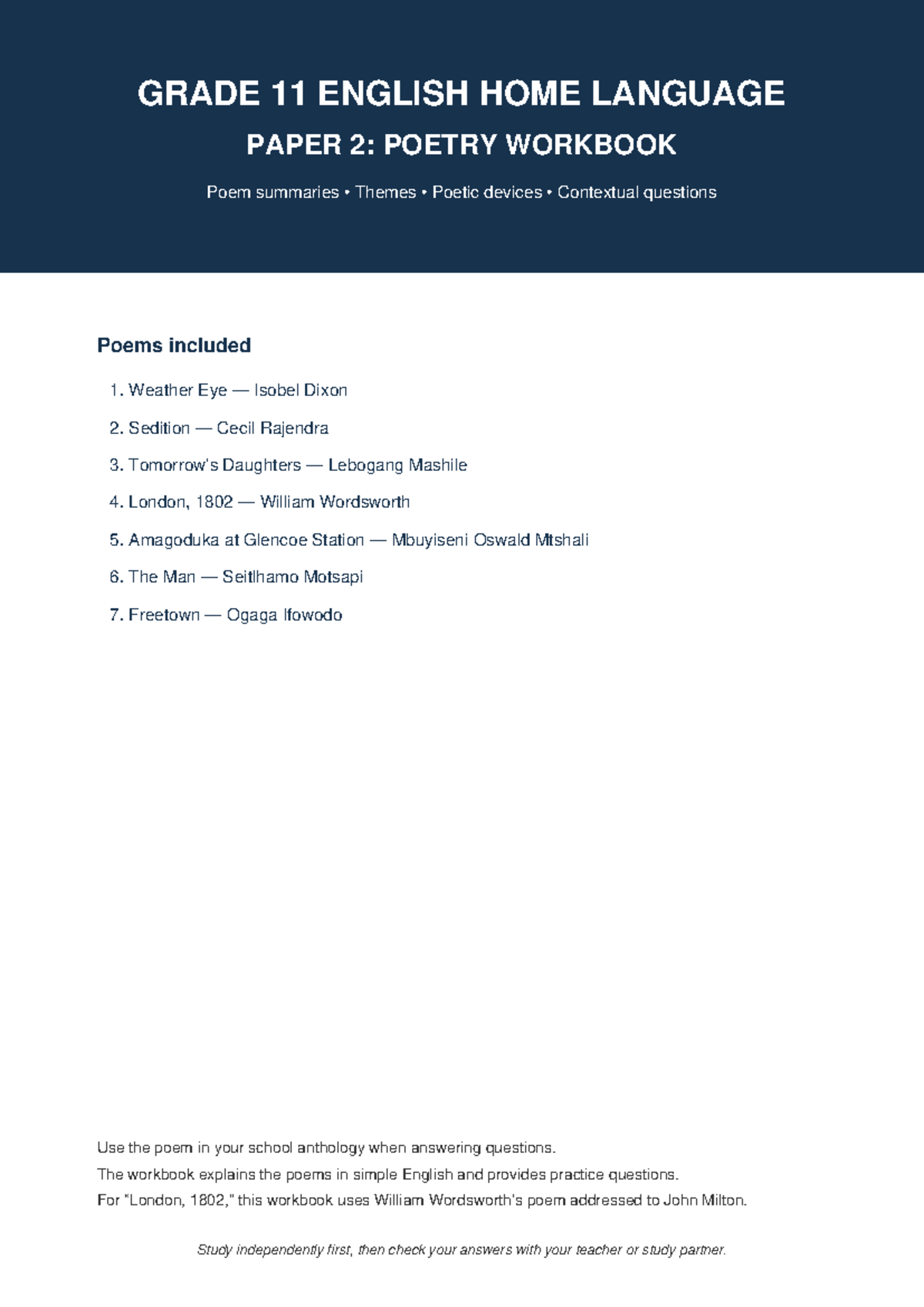 Grade 11 English HL Paper 2 Poetry Workbook: Summaries & Analysis - Studocu