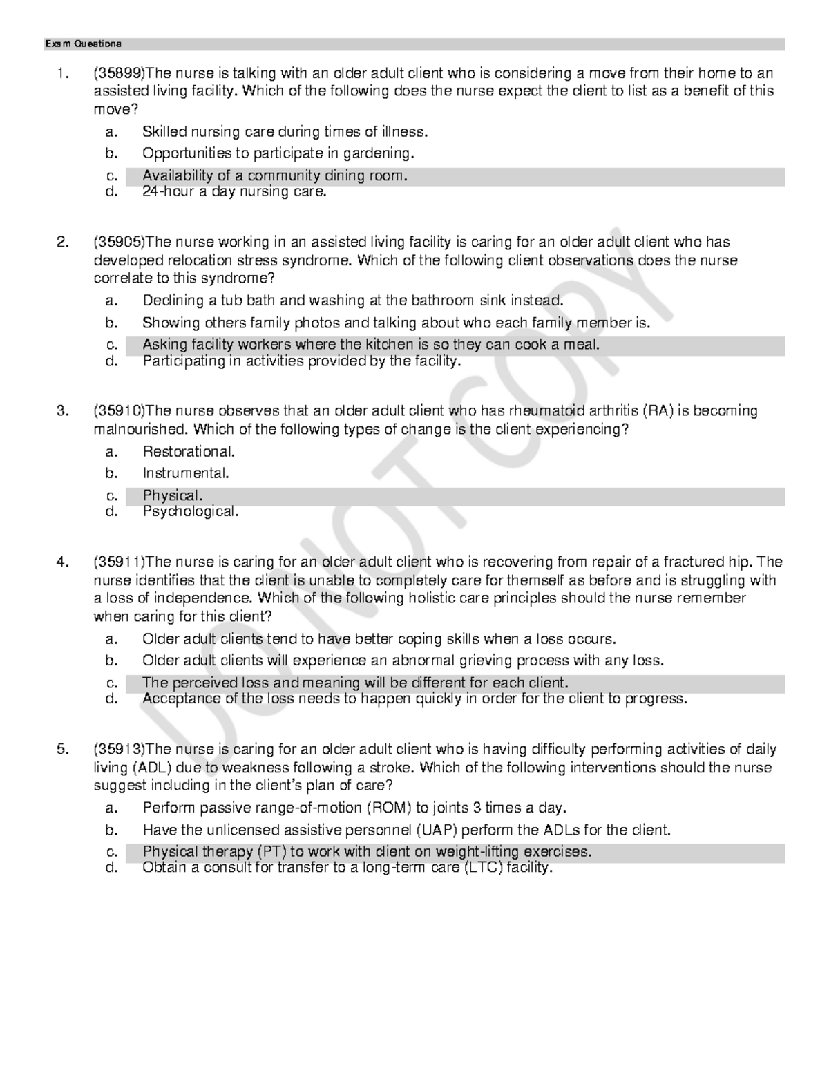Exam Questions for Nursing Care of Older Adults (35899) - Studocu