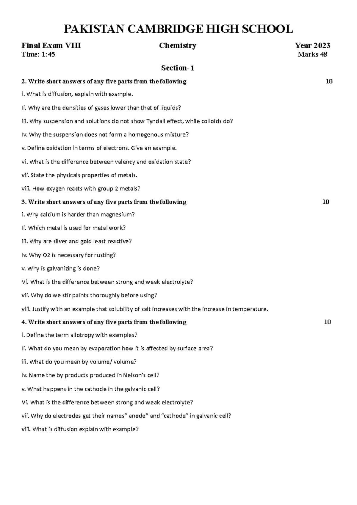 Final Exam VIII Chemistry 2023 - Key Topics & Short Answers - Studocu