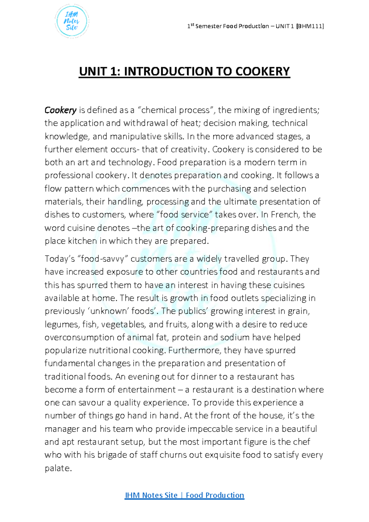 UNIT 01: Intro to Cookery - Understanding Culinary Arts & Hygiene - Studocu