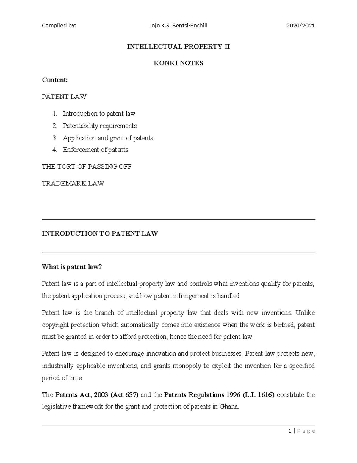 INTELLECTUAL PROPERTY II (KONKI) - PATENT LAW NOTES - Studocu
