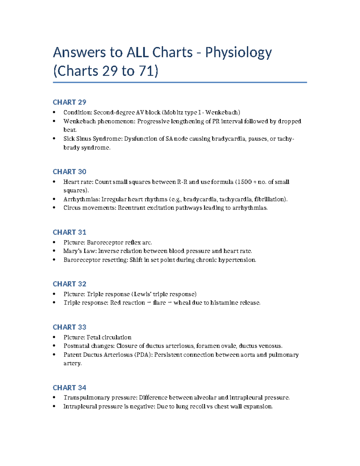 ALL Charts Answers for Physiology (Charts 29-71) - Studocu