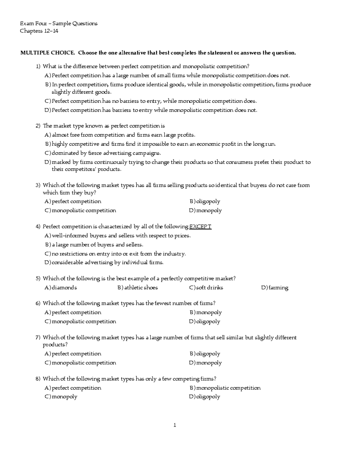 Exam Four Sample Questions on Perfectly Competitive Market (ECO 101 ...