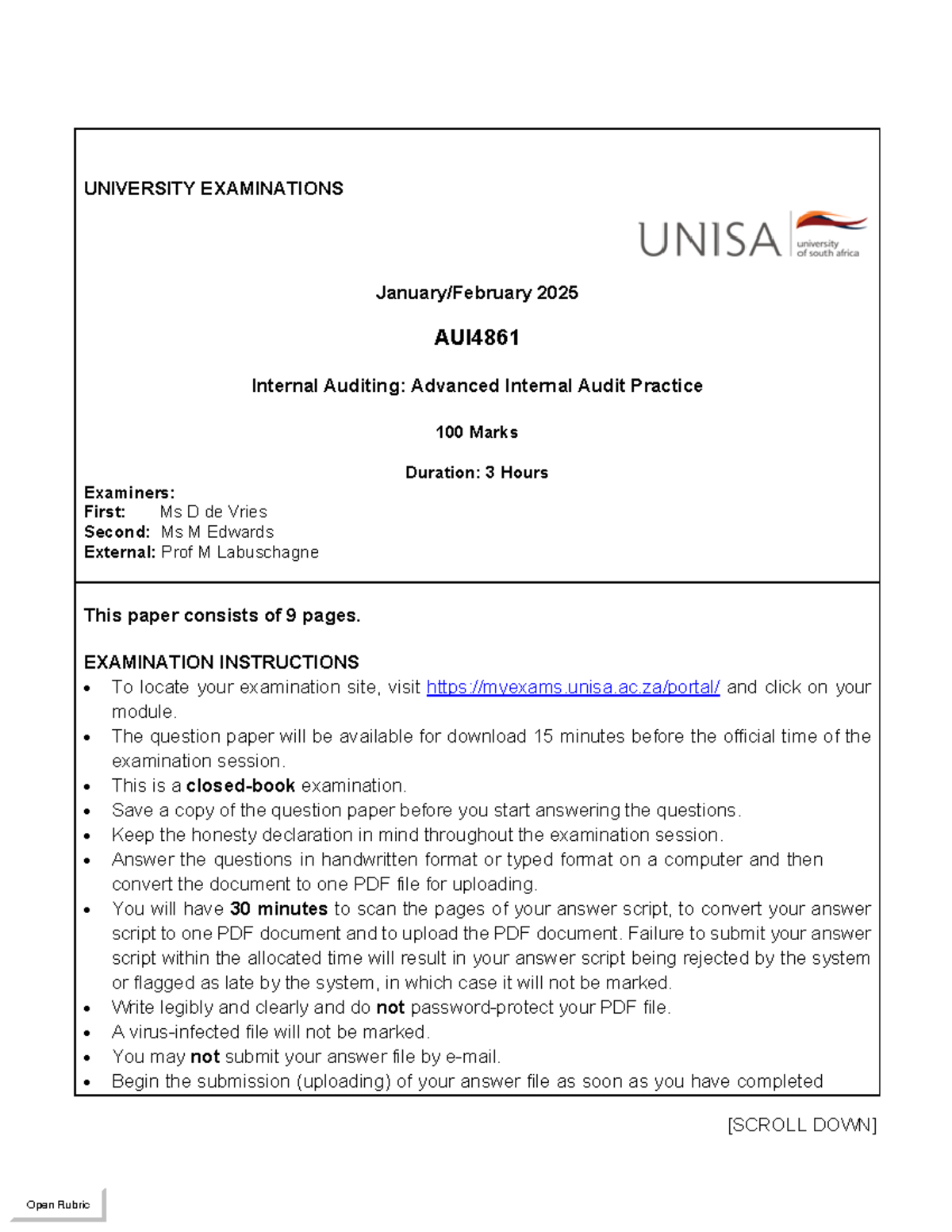 AUI4861 Final Exam: Advanced Internal Auditing Practice 2025 - Studocu