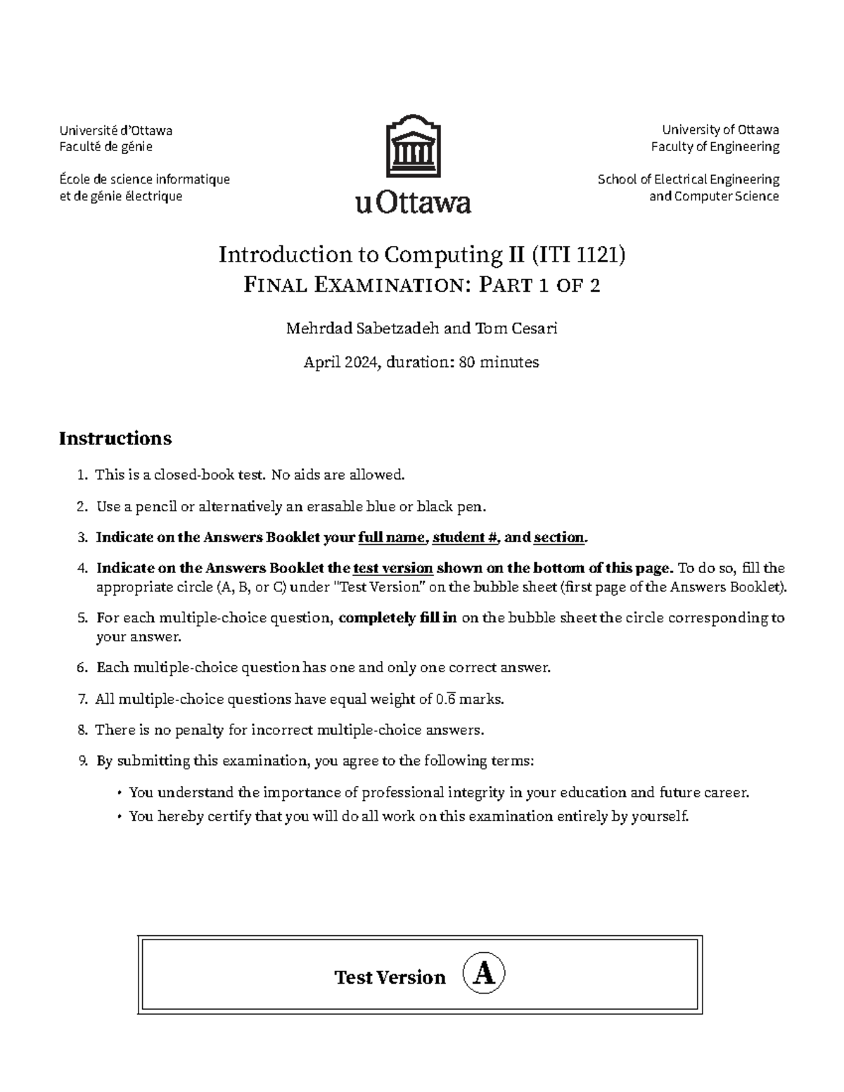 Final Exam ITI 1121: Introduction to Computing II MCQ Questions 2024 ...