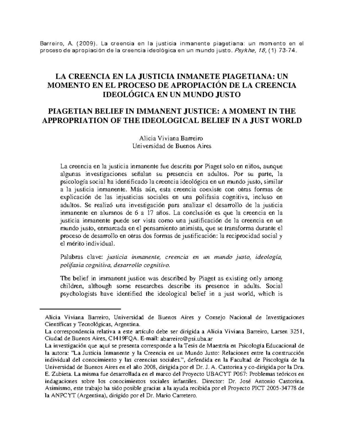 Justicia Inmanente y Creencia en un Mundo Justo: Estudio de Barreiro ...
