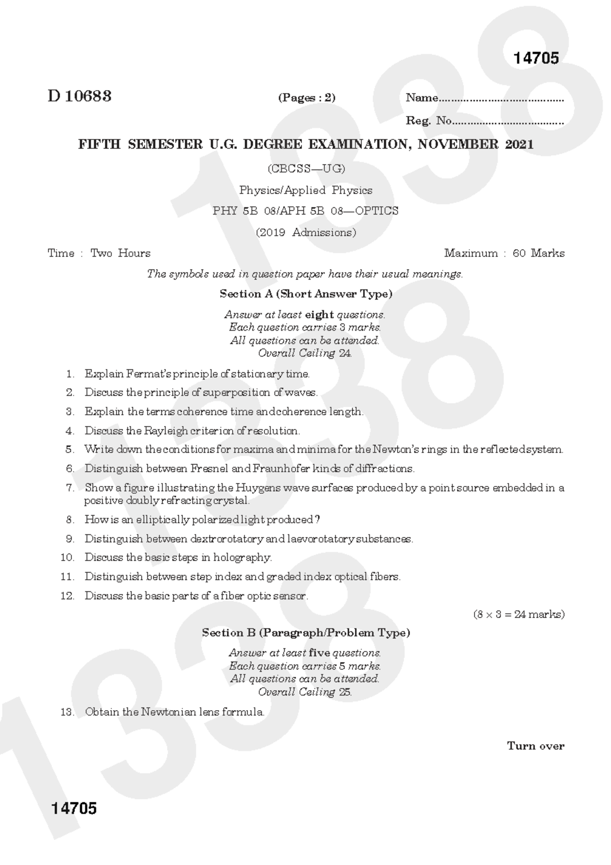 Optics QP 2021 Nov - PHY 5B Fifth Sem Exam (60 Marks) - Studocu