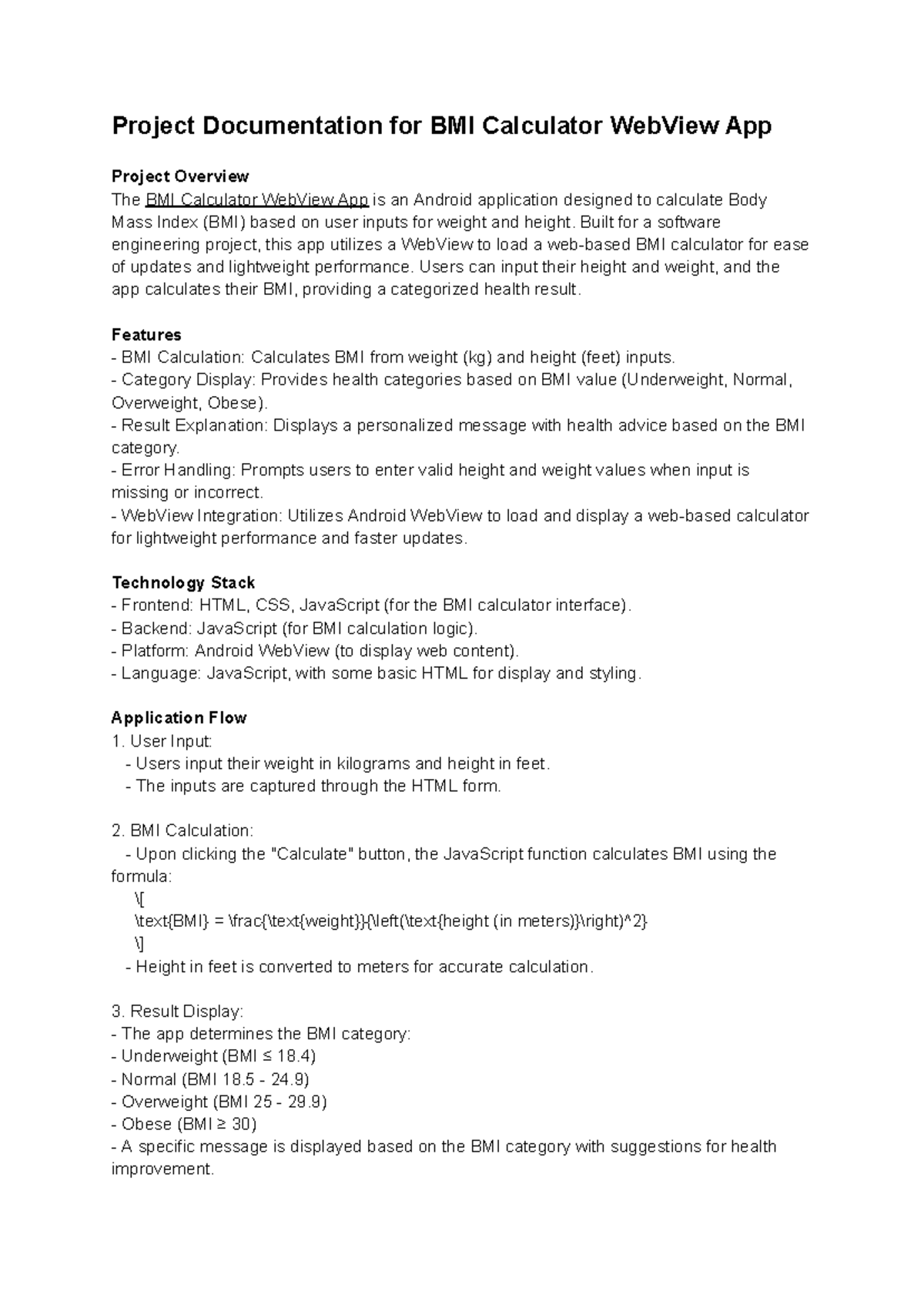 # Project Documentation for BMI Calculator Web View App - Project ...