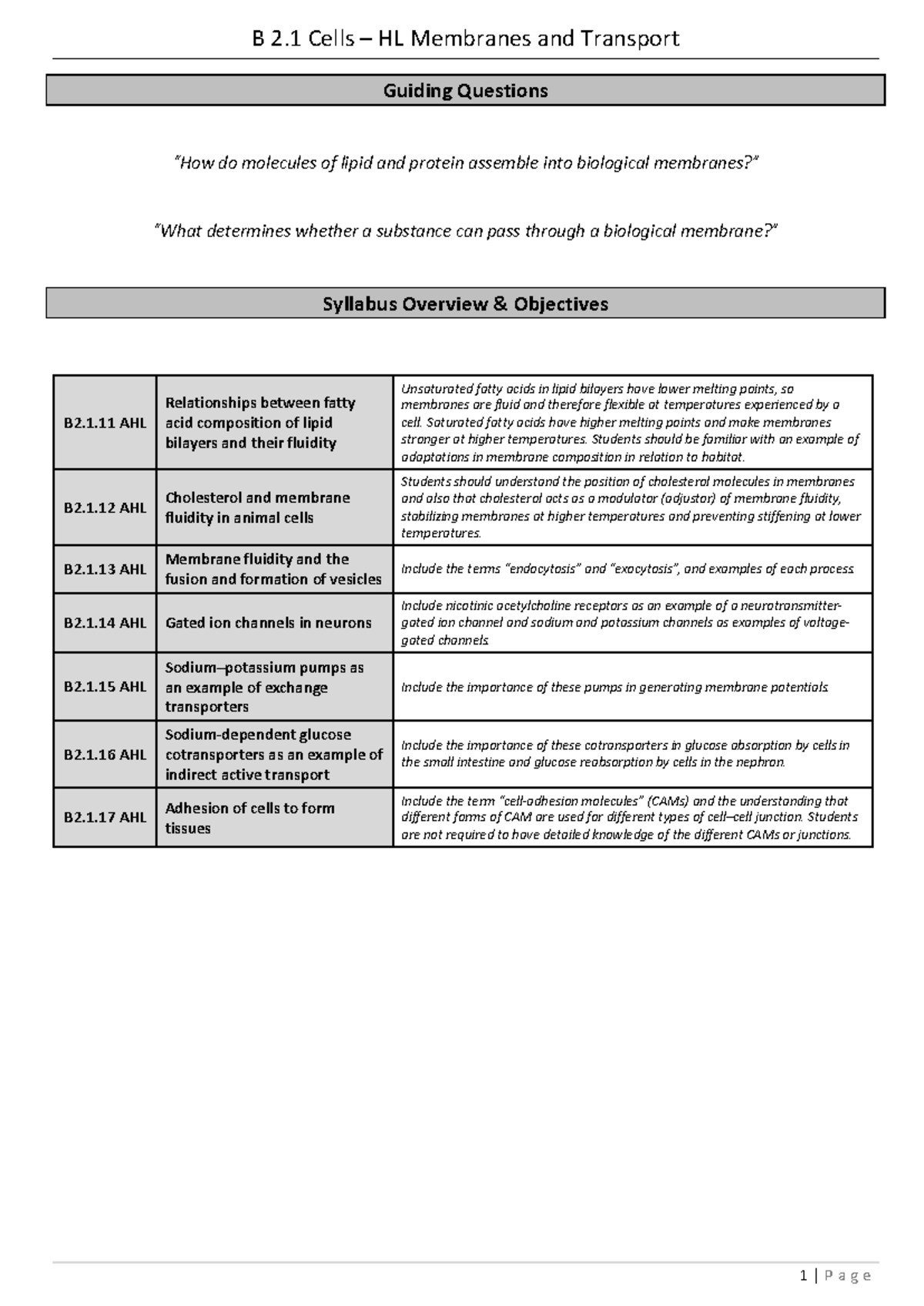 B2.1 Membranes and Transport: Student Notes and Guiding Questions - Studocu
