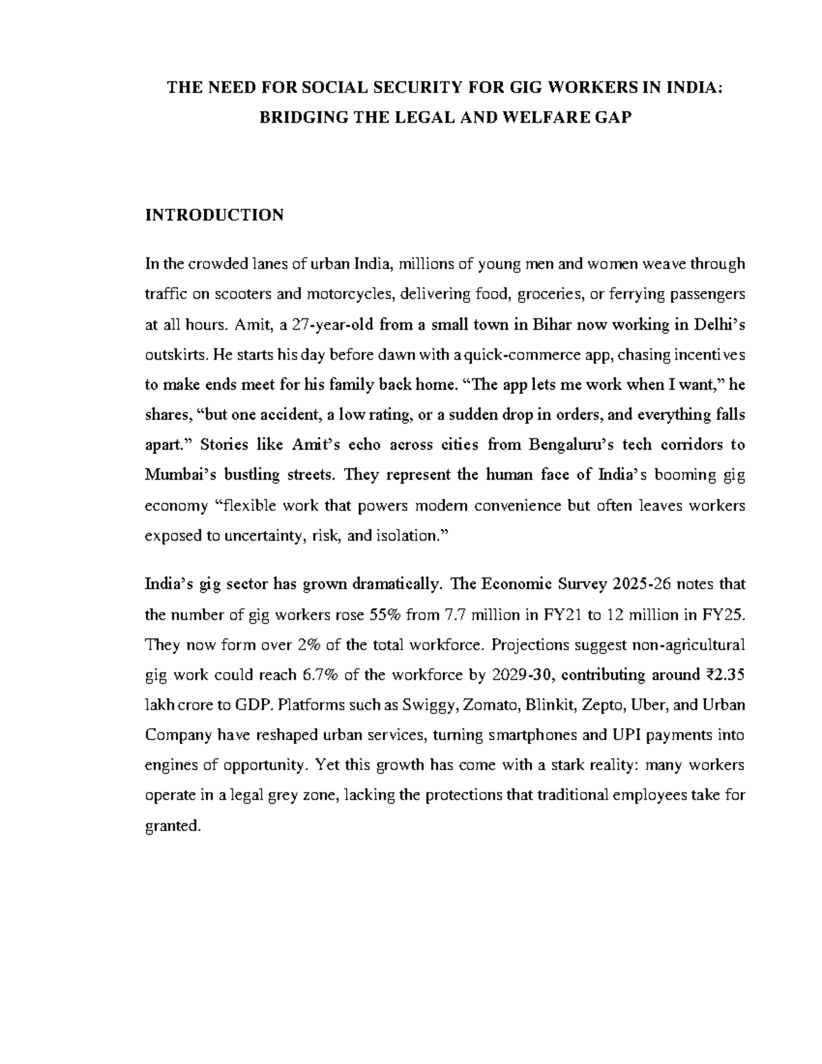 The Need for Social Security for Gig Workers in India: Bridging Legal ...