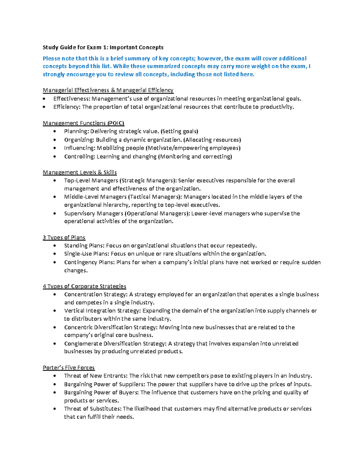 Study Guide for MGT 101 Exam 1: Key Concepts and Strategies - Studocu