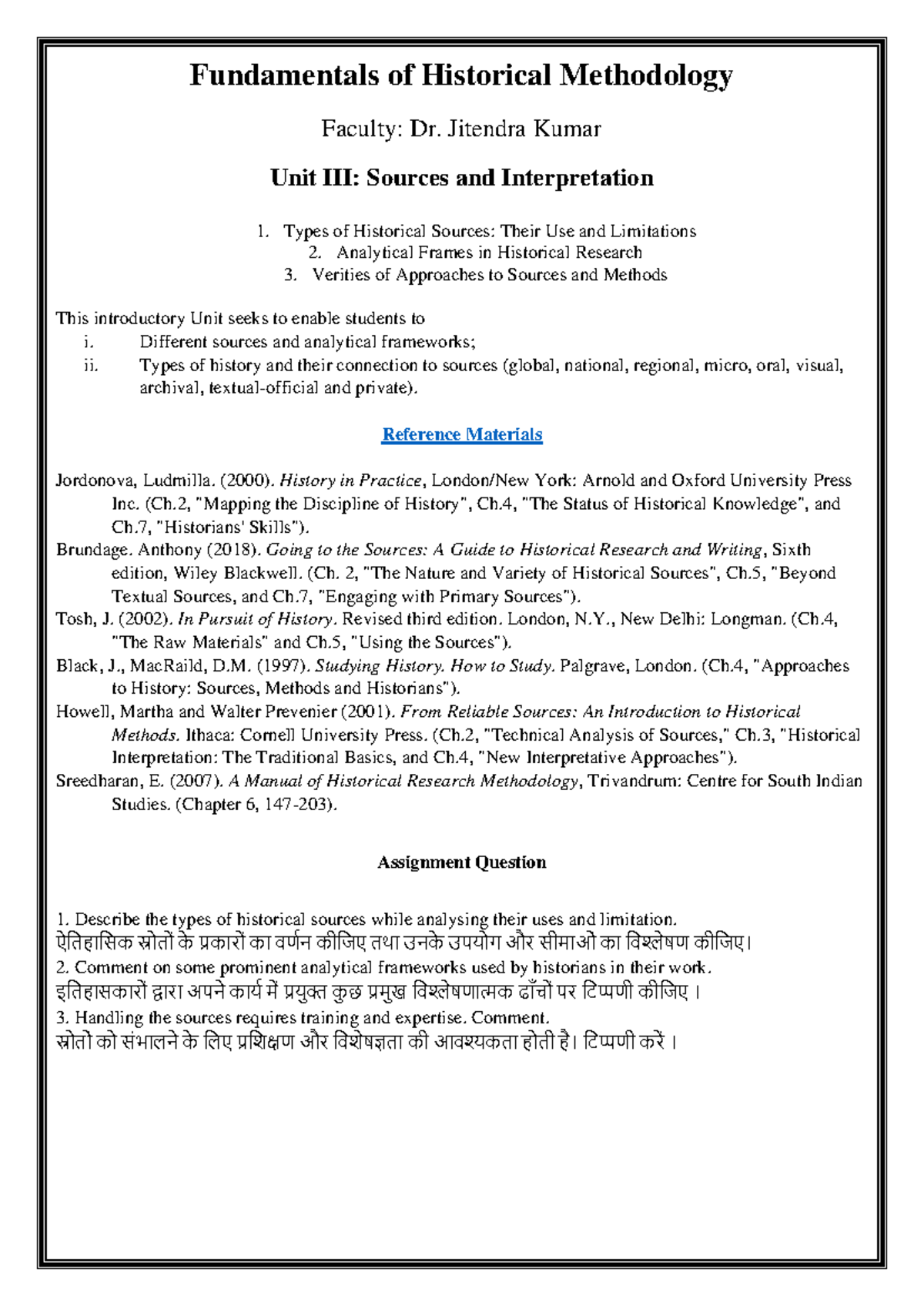 Unit III Assignment - Historical Methodology: Sources & Analysis - Studocu