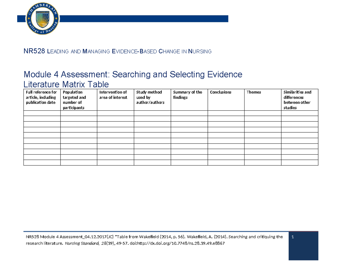 NR528 Module 4 Assessment Literature Matrix Table 6 - NR528 LEADING AND ...