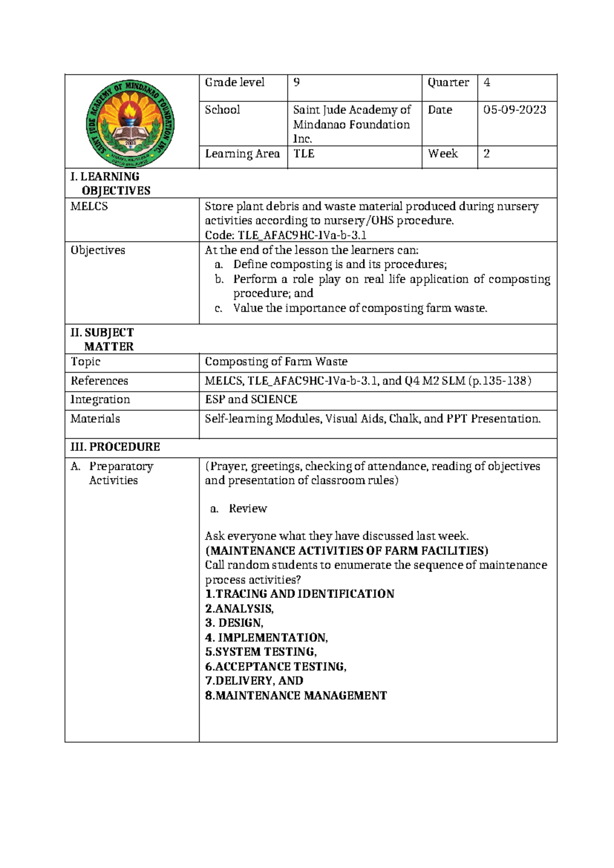 Lesson Plan for TLE Grade 9 Q4: Composting of Farm Waste Activities ...