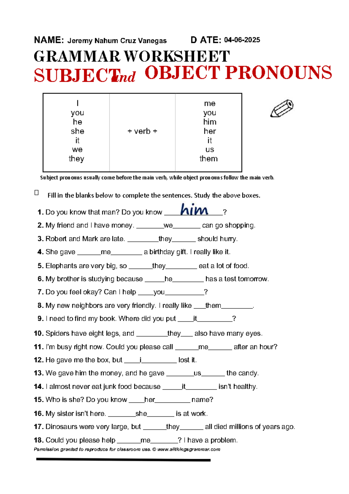 Grammar worksheet on subject and object pronouns for English homework ...