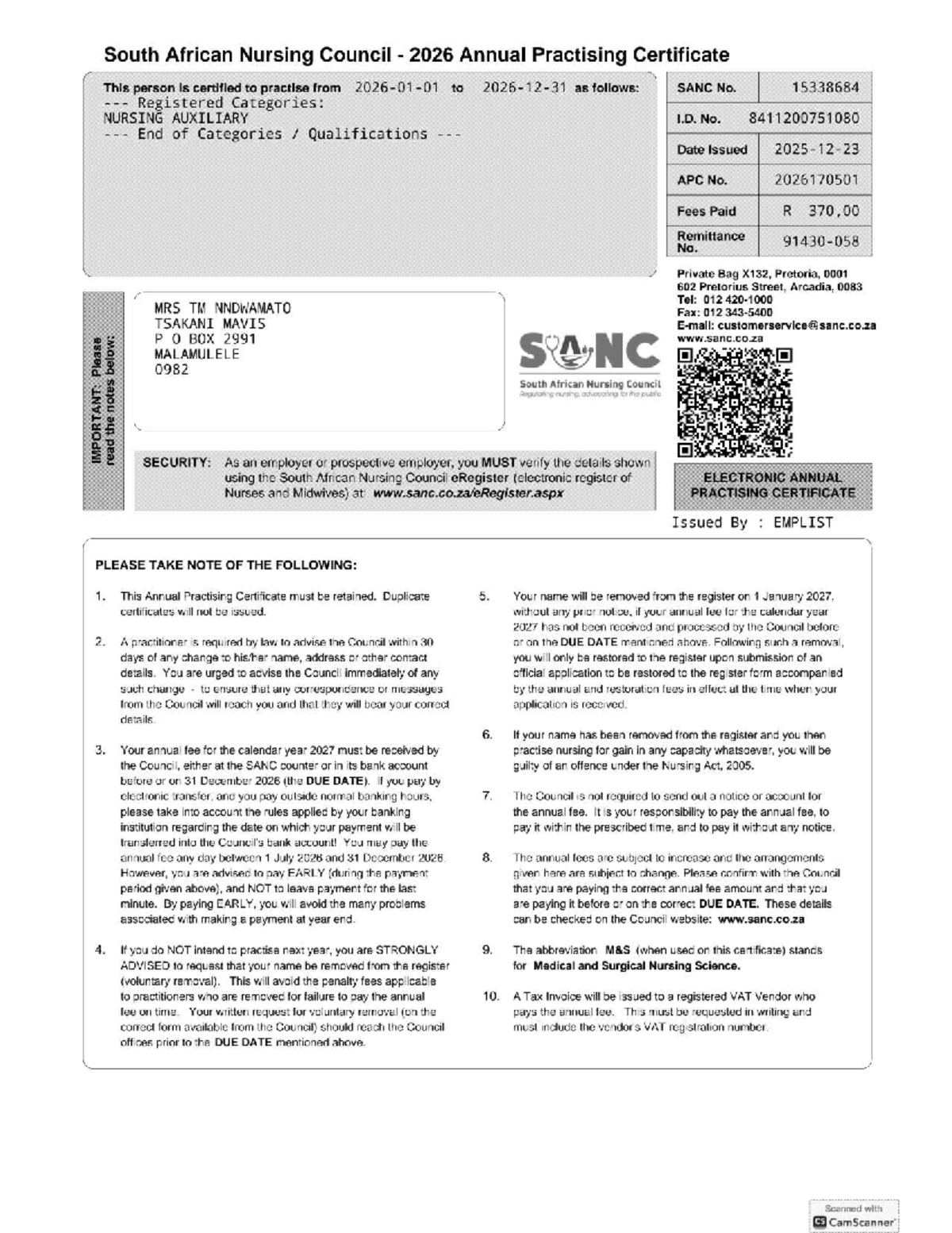 SANC 2026 Annual Practising Certificate for Nursing Auxiliary - Studocu