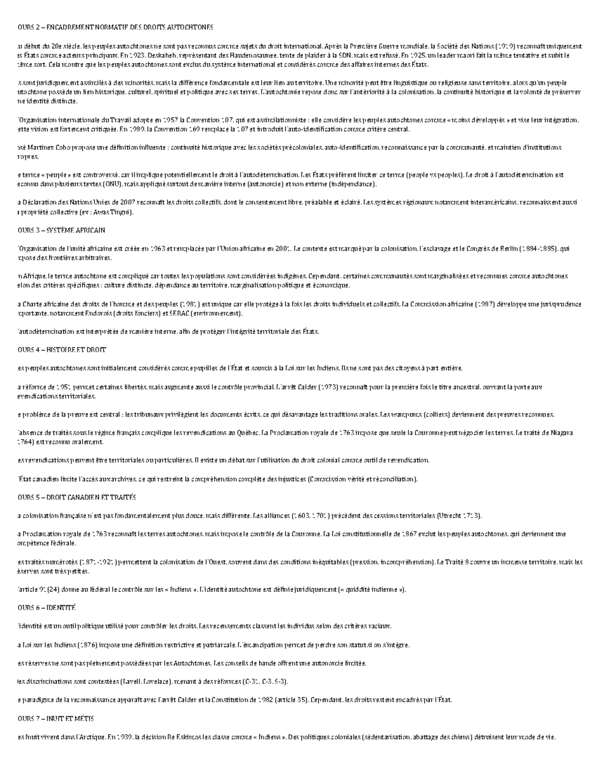 Feuille de notes - Examen Droit Autochtone (Cours 2 à 7) - Studocu
