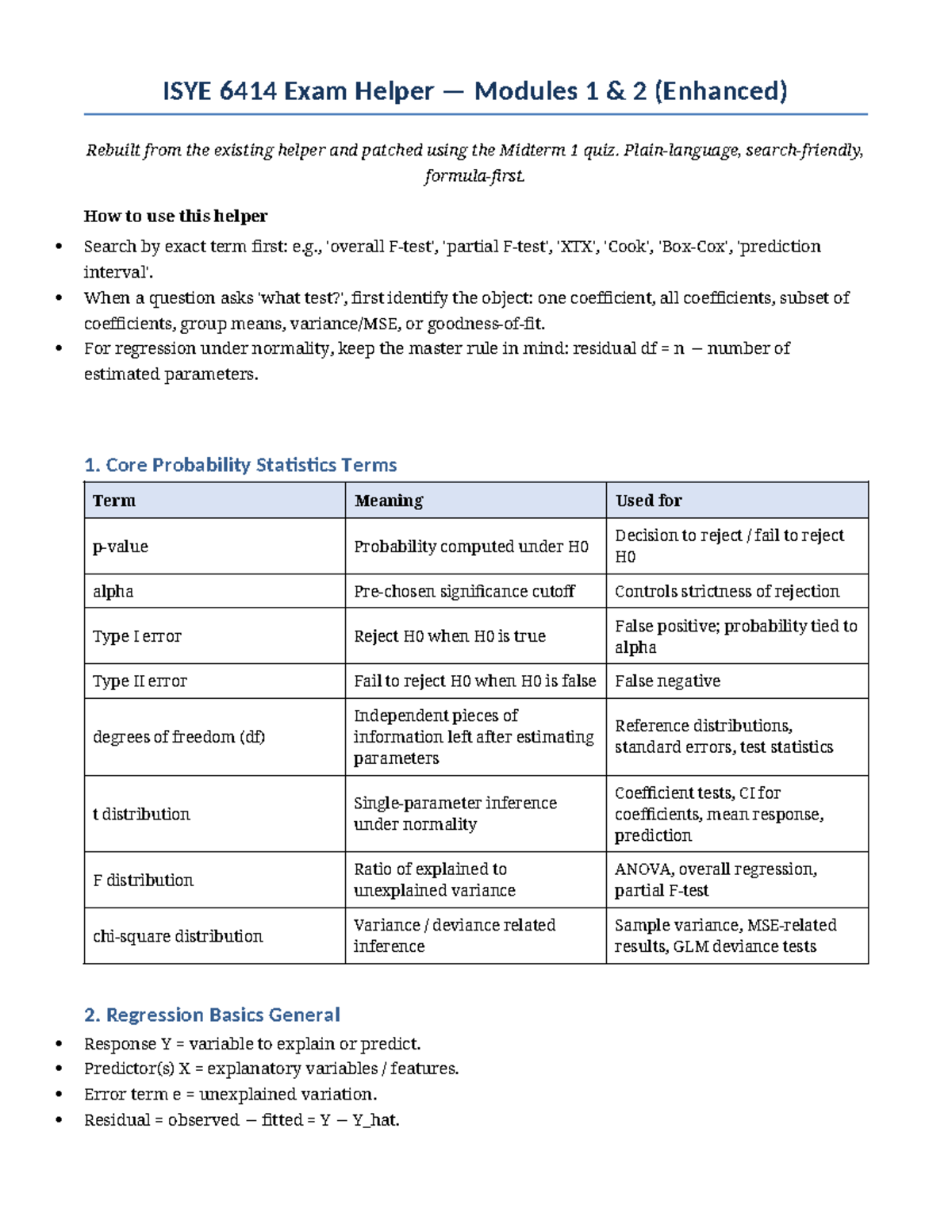 ISYE 6414 Midterm Exam Helper: Modules 1 & 2 Overview - Studocu