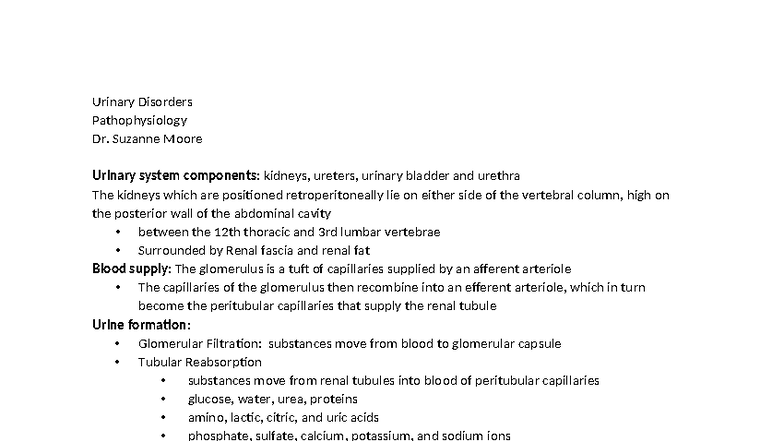 Urinary Disorders Pathophysiology & Diagnostic Overview (MED 101) - Studocu