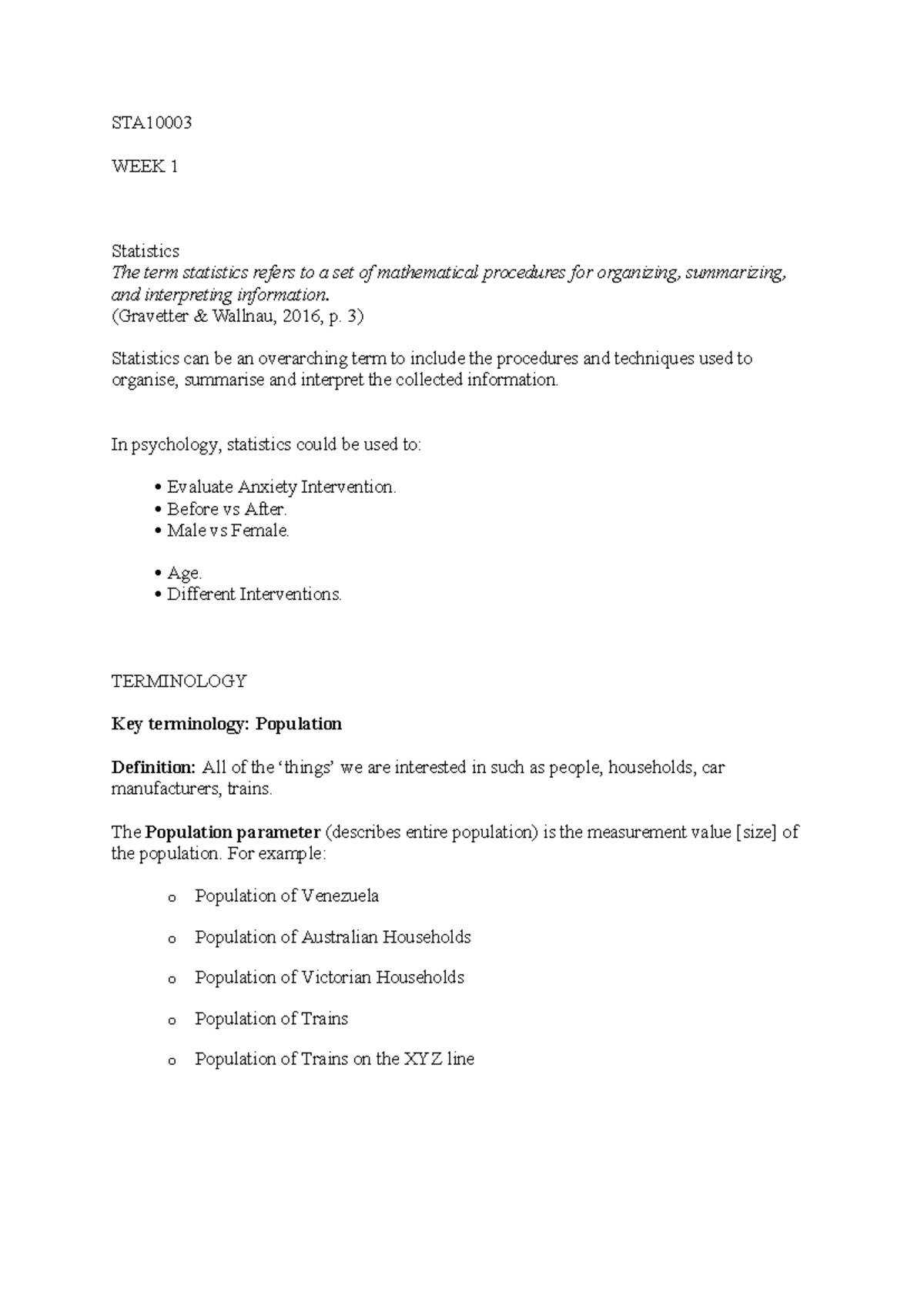 Week 1 - lecture notes - STA WEEK 1 Statistics The term statistics ...