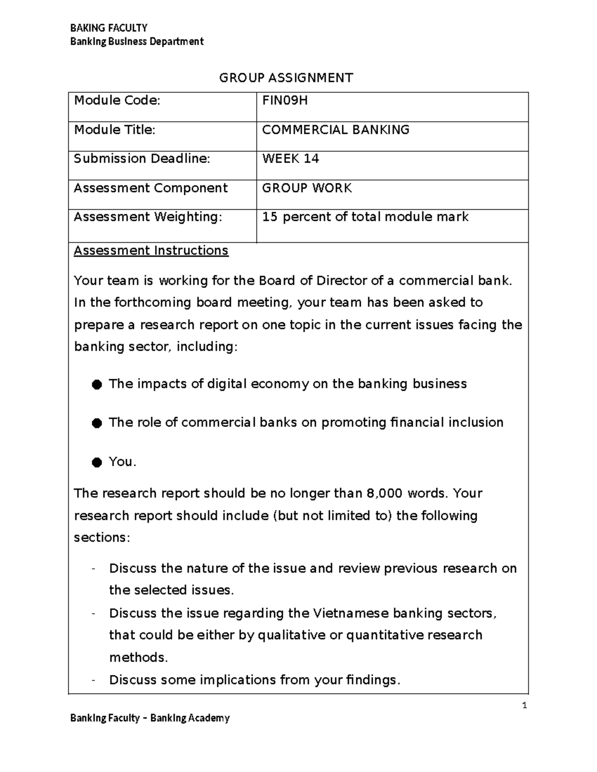 Group Assignment: Current Issues in Banking - FIN09H - Studocu