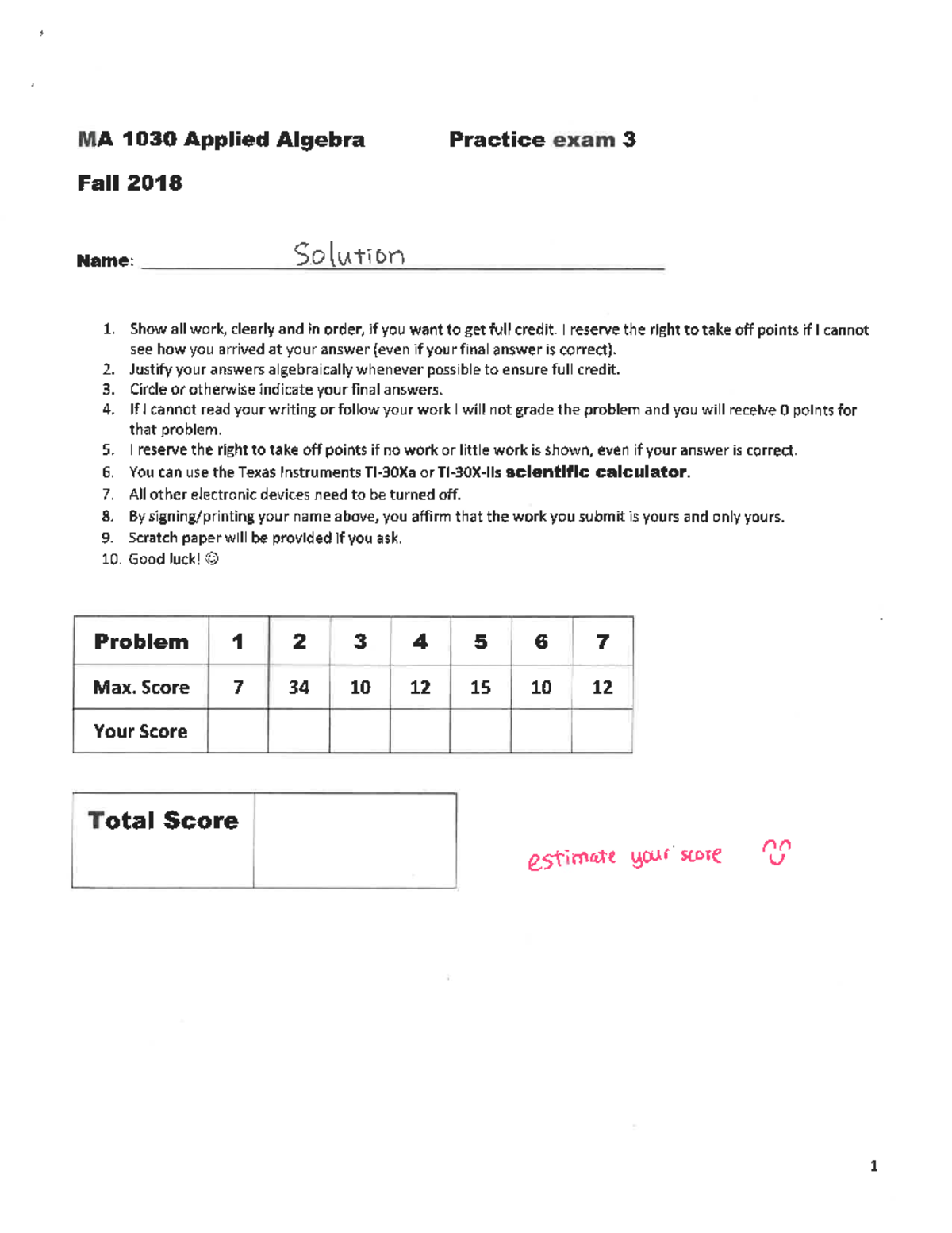 1030 practice exam 3 sol - MA 1030 Applied Algebra Practice exam 3 Fall ...