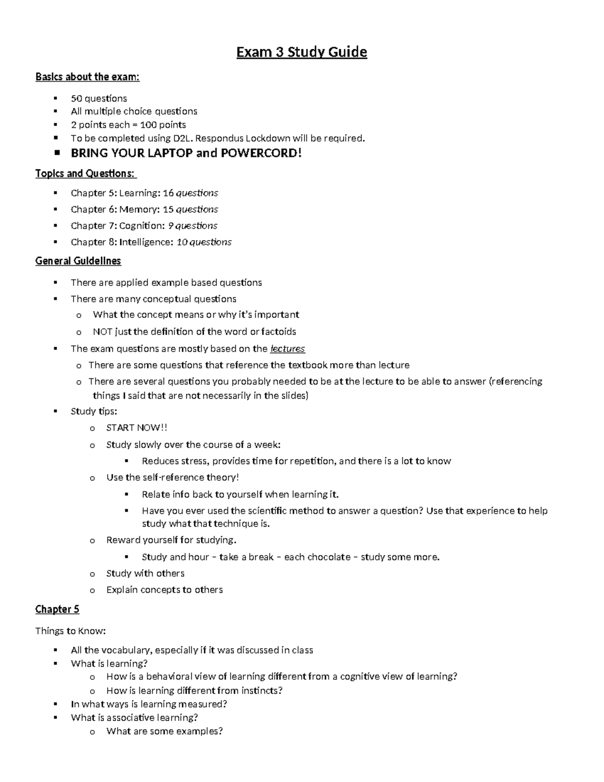 Exam 3 Study Guide for PSY 101: Chapters 5-8 Overview - Studocu