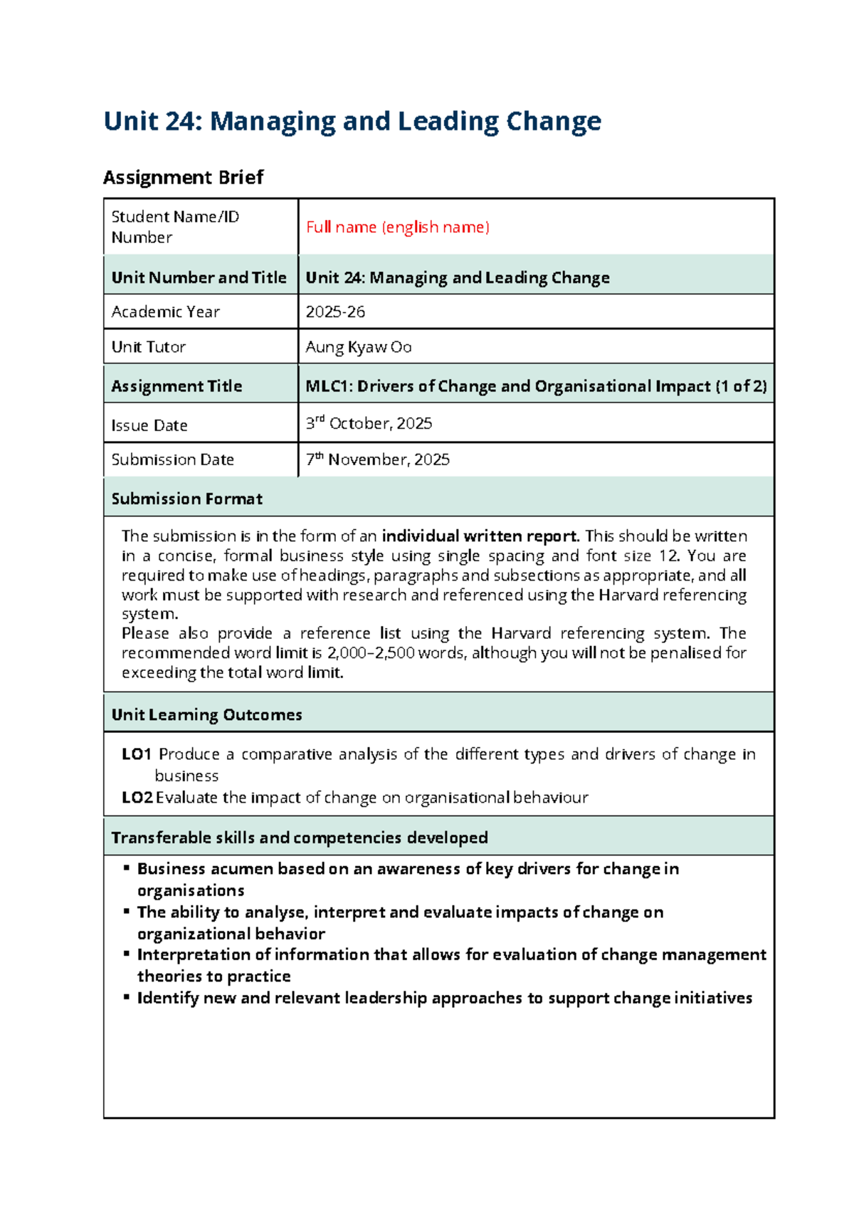 Unit 24: MLC1 - Drivers of Change & Org Impact Assignment Brief - Studocu