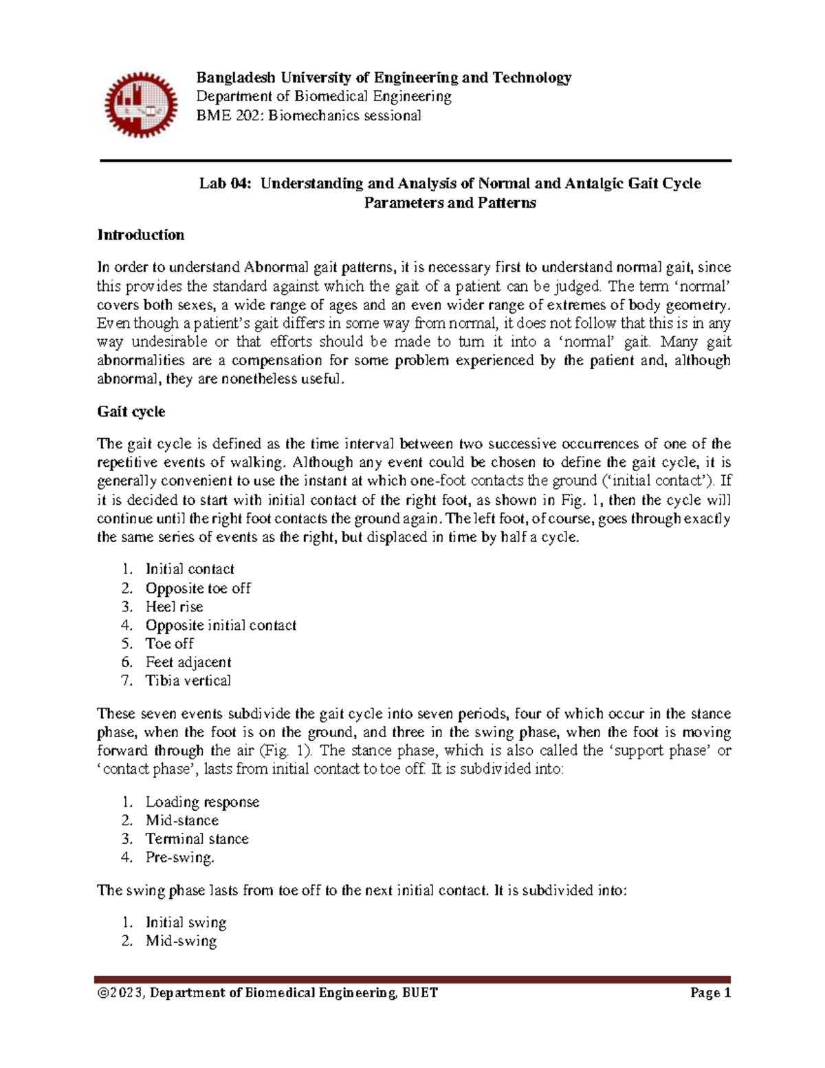 BME 202: Lab 04 - Analysis of Normal & Antalgic Gait Cycles - Studocu