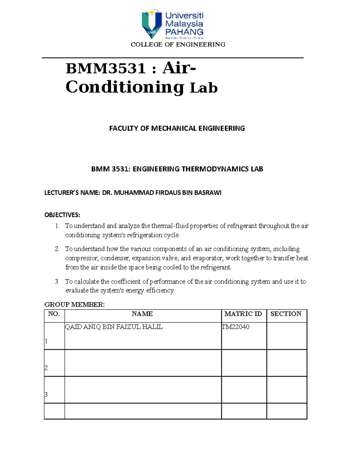 BMM3531: Air Conditioning Lab Report Draft on Thermodynamic Systems ...