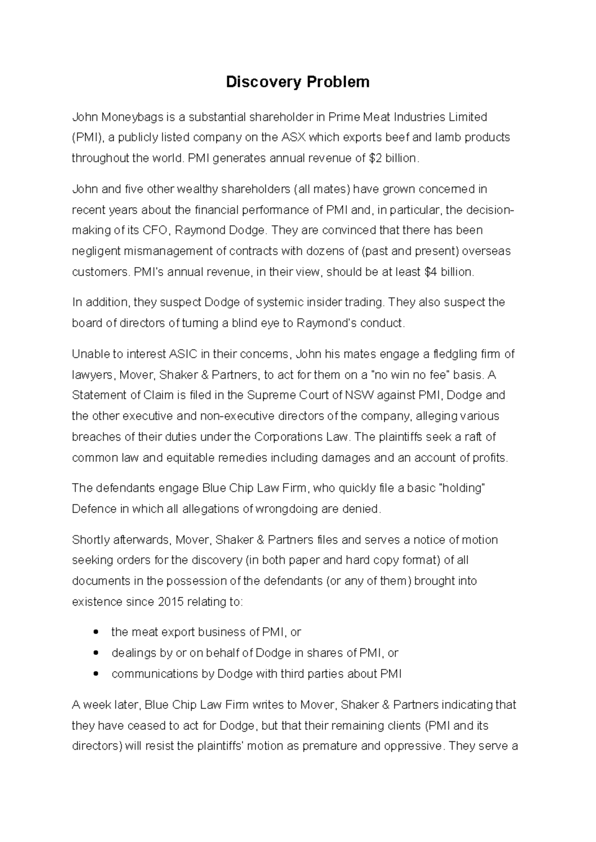 Discovery Problem: Legal Action Against PMI and CFO Dodge (Corp Law ...