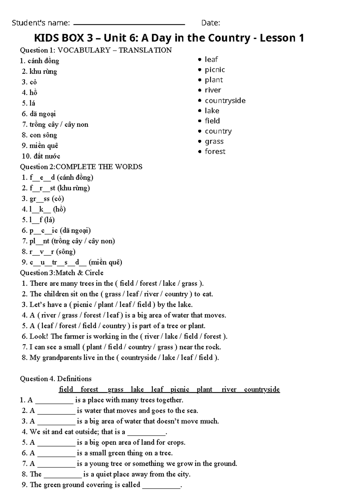 KIDS BOX 3 Unit 6: A Day in the Country Lesson 1 Vocabulary Guide - Studocu