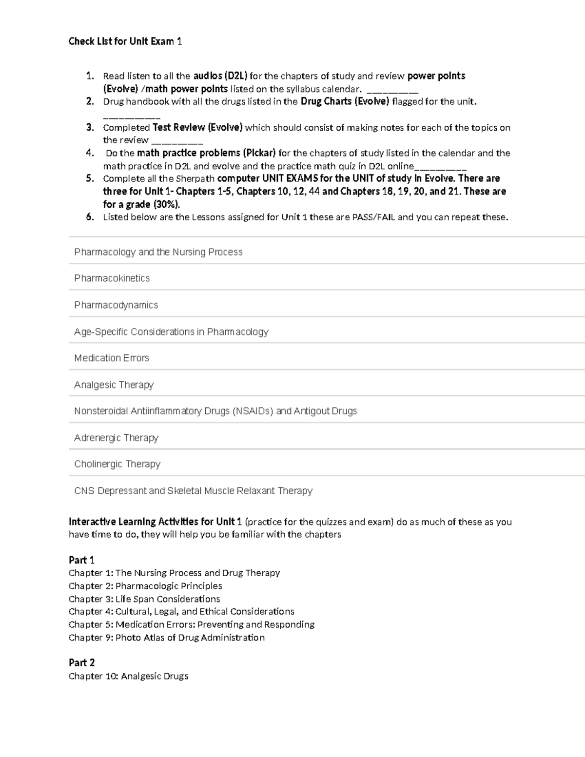 Unit 1 Exam Prep Checklist: Pharmacology & Drug Therapy - Studocu