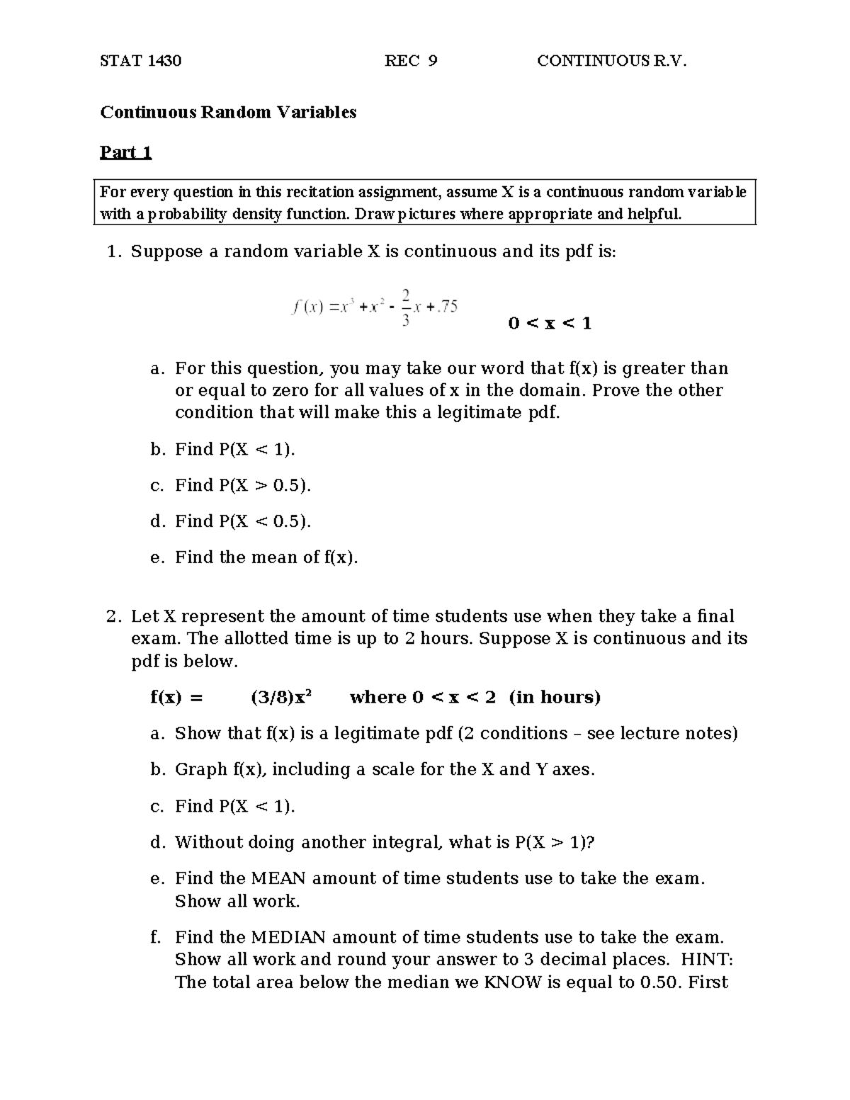 STAT 1430 Rec 9 Continuous Random Variables & PDF Applications - Studocu