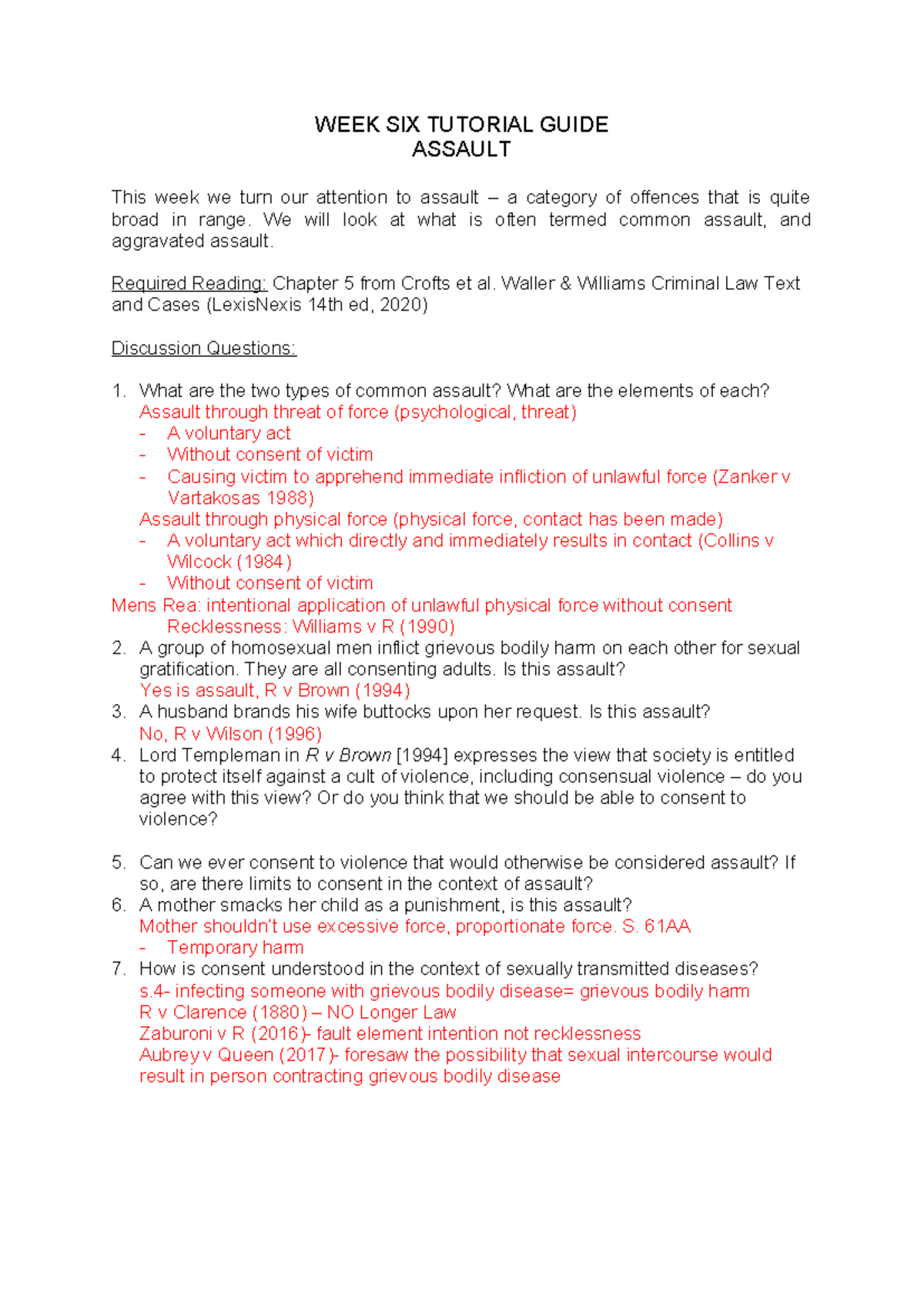 LAW101 - WEEK SIX TUTORIAL GUIDE ON ASSAULT AND AGGRAVATED ASSAULT ...