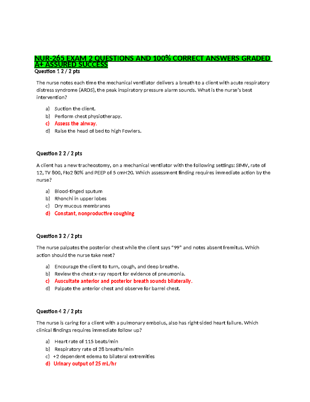 NUR265 Exam 2 Review: Key Questions & Correct Answers Guide - Studocu