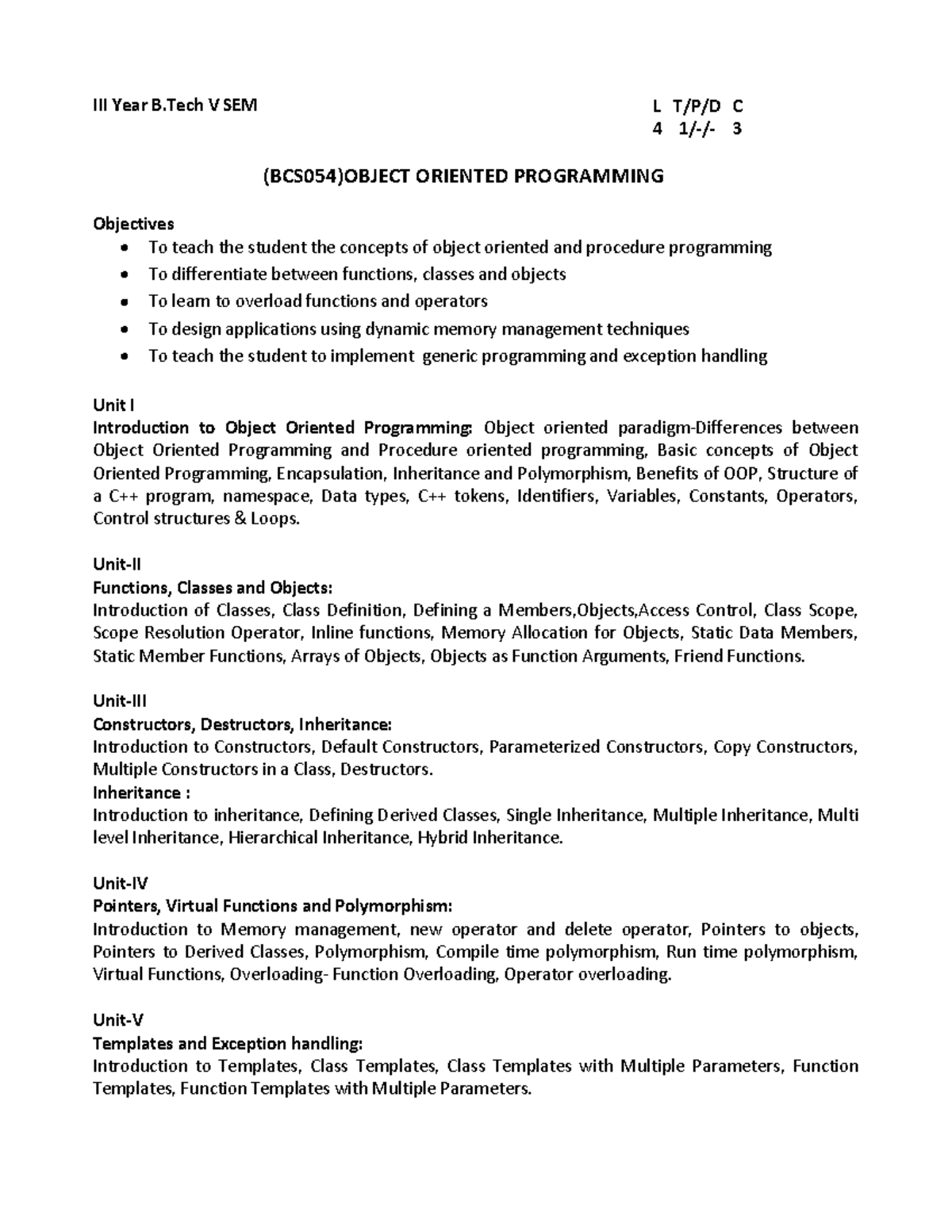 Object Oriented Programming Concepts - BCS054 (B.Tech V SEM) - Studocu