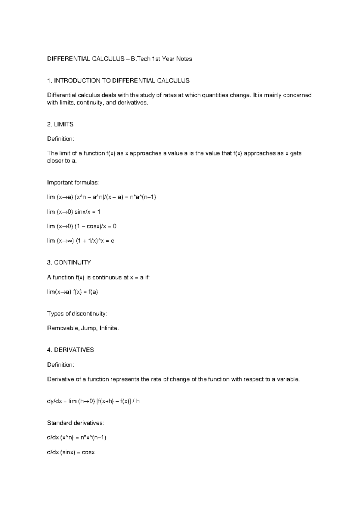 Differential Calculus B.Tech 1st Year Study Notes - Studocu