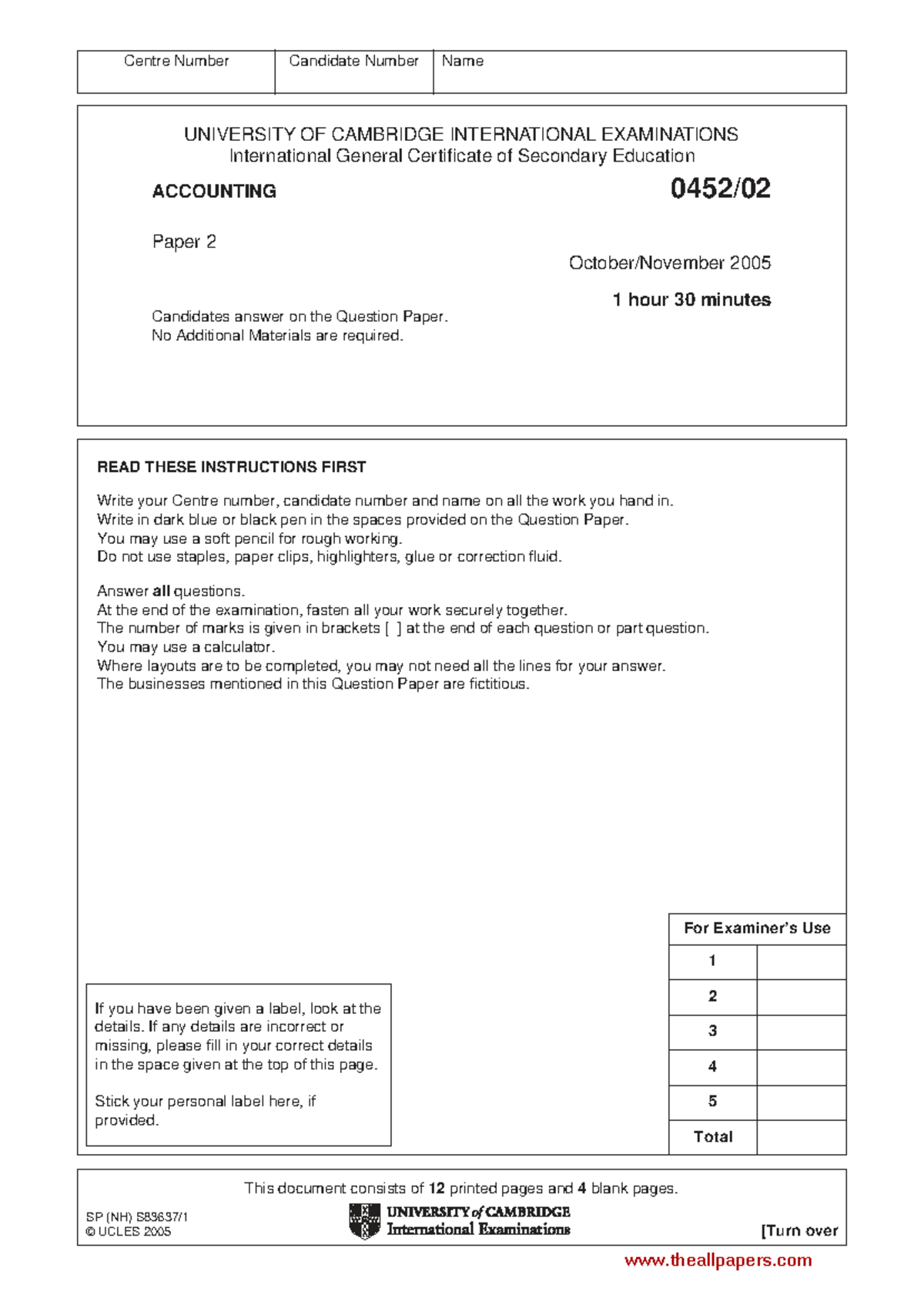 IGCSE Accounting Paper 2 - 0452/02 - Exam Questions & Instructions ...