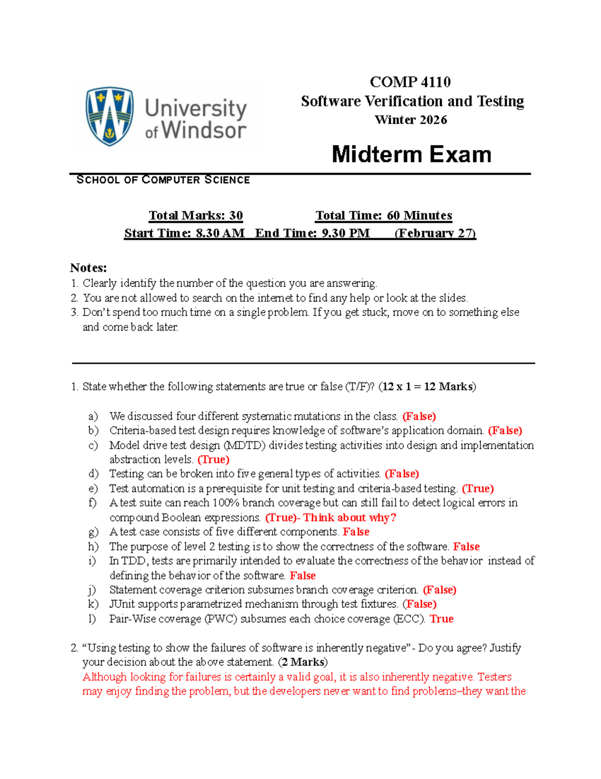 COMP 4110 Software Verification & Testing W2026 Midterm Solutions - Studocu