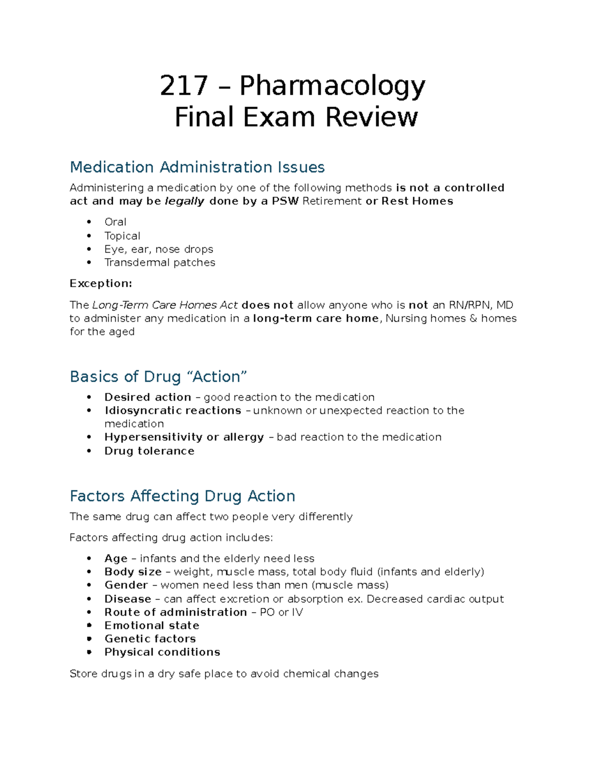 Pharmacology 217 - Final Exam Review: Medication Administration ...